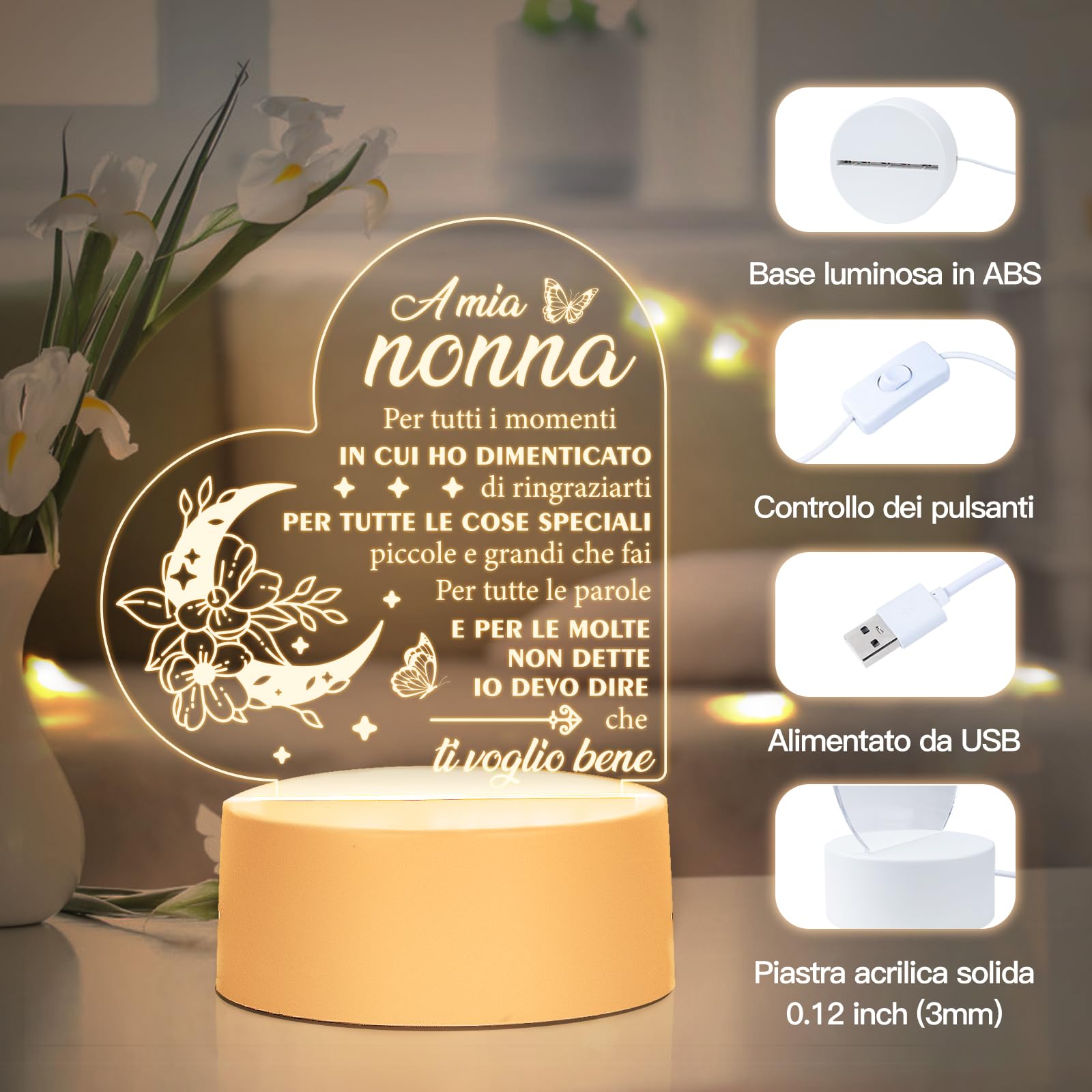 Regalo Nonna, Regalo Nonna Compleanno | Idee Regali Nonna 2026, Regali Festa dei Nonni, Natale, Capodanno, Delicata Luce Notturna in Acrilico