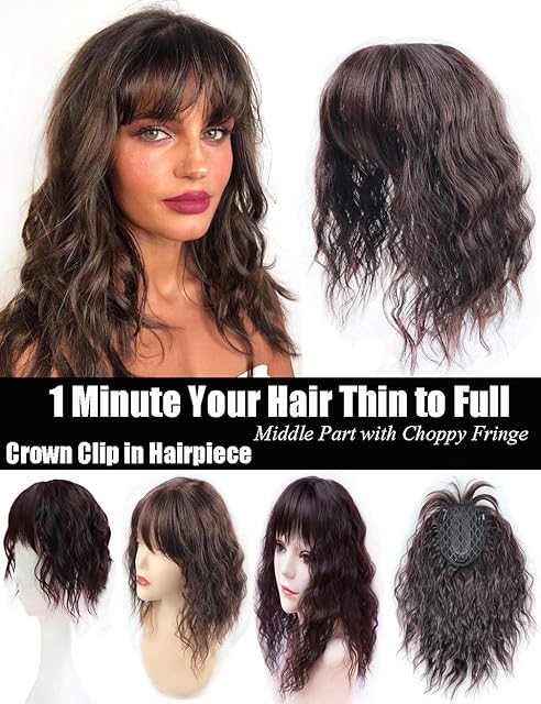 Water Wavy Hair Forehead Piece Clip in Middle Part Topper with Choppy Fringe Thick/25cm, Dark Brown