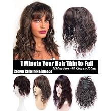 Water Wavy Hair Forehead Piece Clip in Middle Part Topper with Choppy Fringe Thin/25cm, Dark Brown