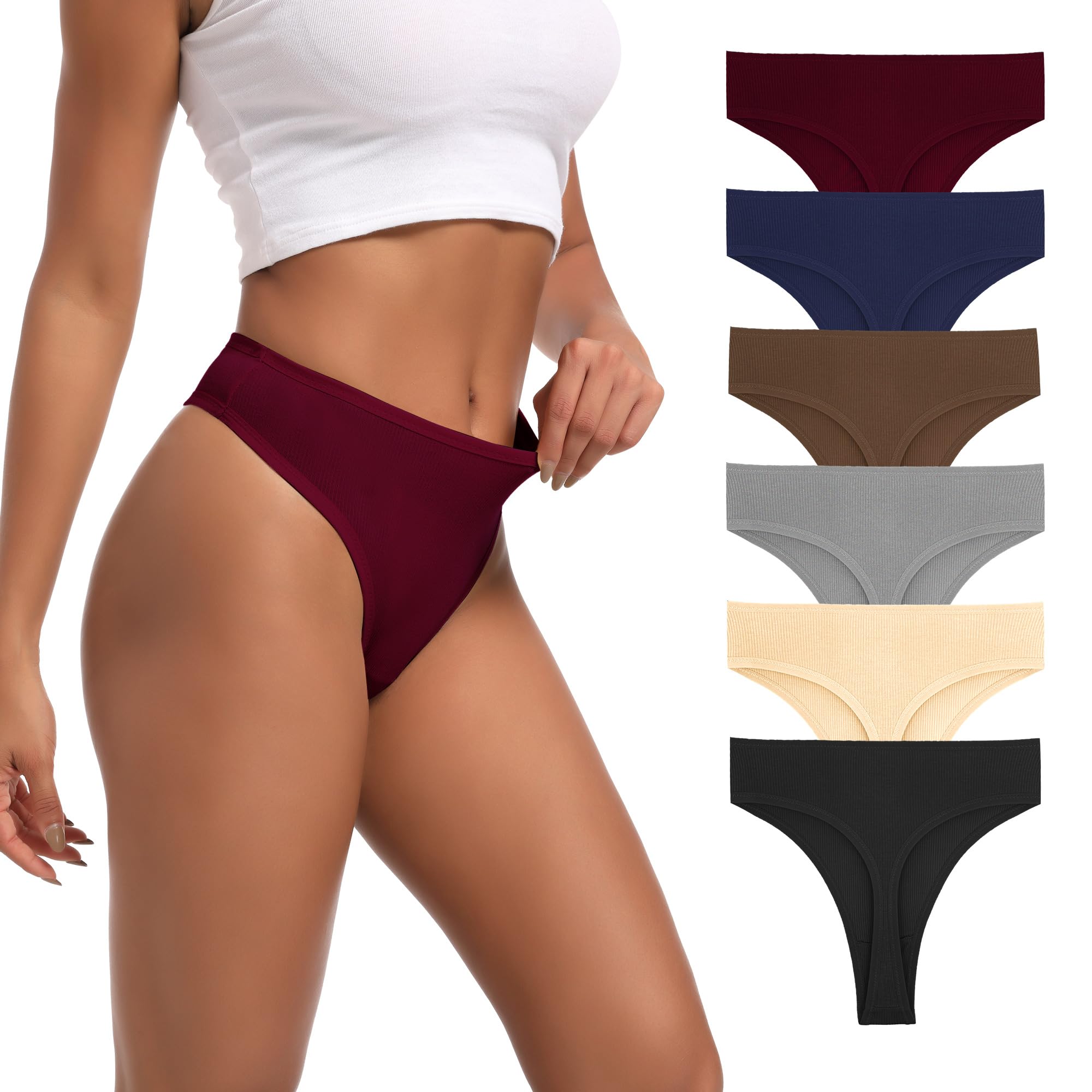 High Waisted Thongs for Women Ribbed Cotton Thong Underwear 6-Pack