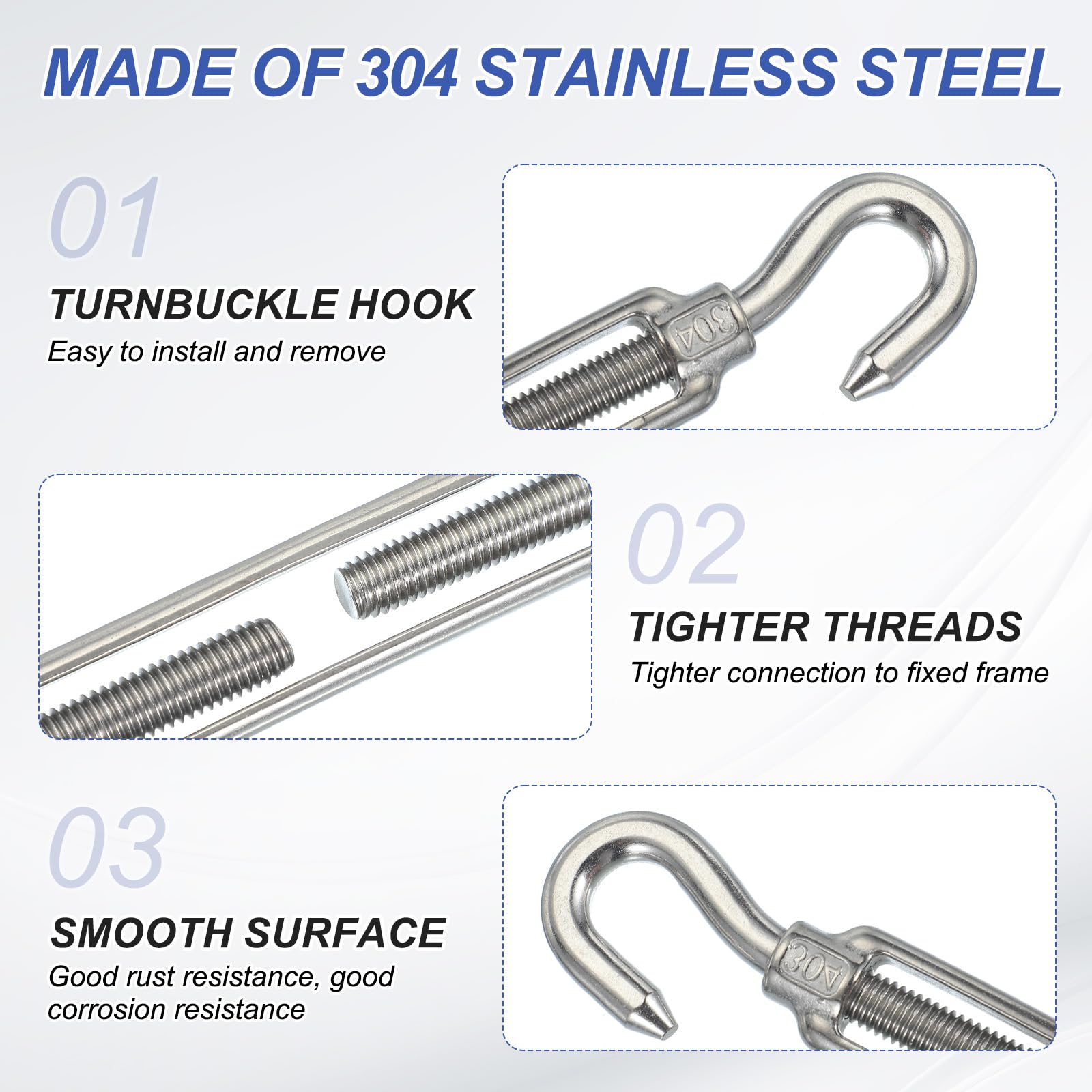 PATIKIL Tenditore M10 con gancio e gancio, 3 pezzi, in acciaio inossidabile 304, regolabile, tendicavo per ringhiere per cavi metallici, kit hardware