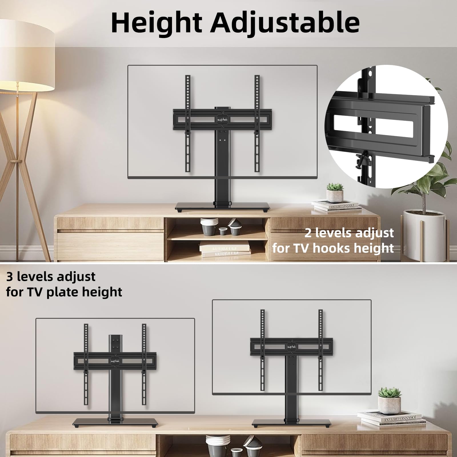 suptek Support TV sur Pied Pivotant sans Perçage Hauteur Réglable à Poser sur Meuble TV Table écrans 26 à 55 Pouces Charge 45 kg VESA 400x400 mm Locataires Petits Espaces TS202