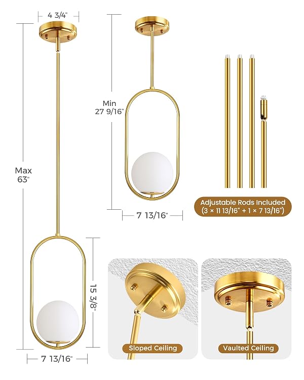 Majade Pendant Lights Kitchen Island, Mid Century Modern Pendant Light Fixtures, Gold Globe Glass Pendant Lighting, Brass Chandelier Adjustable Hanging Light for Dining Room Bathroom Bedroom by Majade - Used condition - Image 3