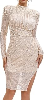 Women Long Sleeve Backless Bodycon Sequin Pearl Cocktail Prom Club Dresses