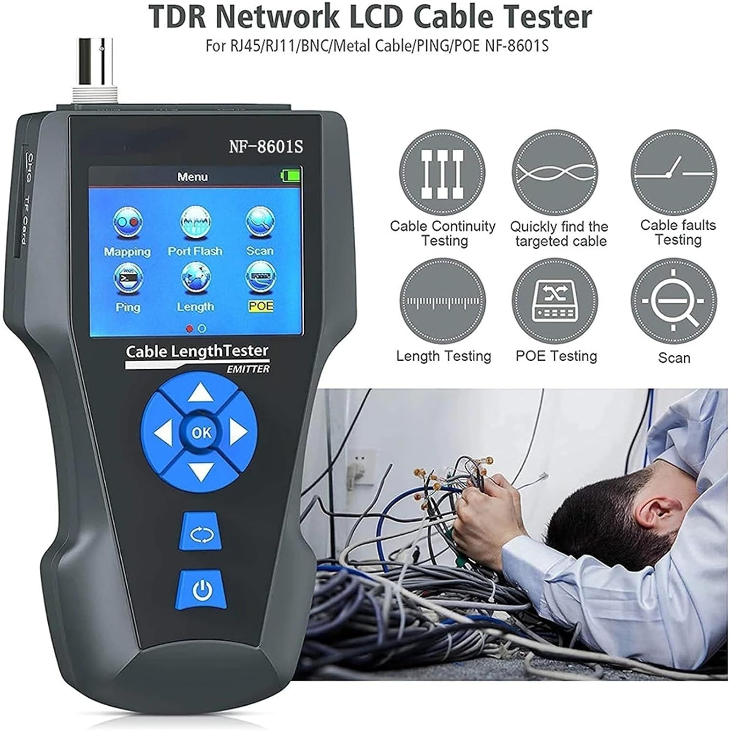 Network Cable Tester AT278 TDR Multi-Function LCD Tracker, Supports RJ45, RJ11, BNC, Metal Cable, PING/POE Function (NF-8601S)