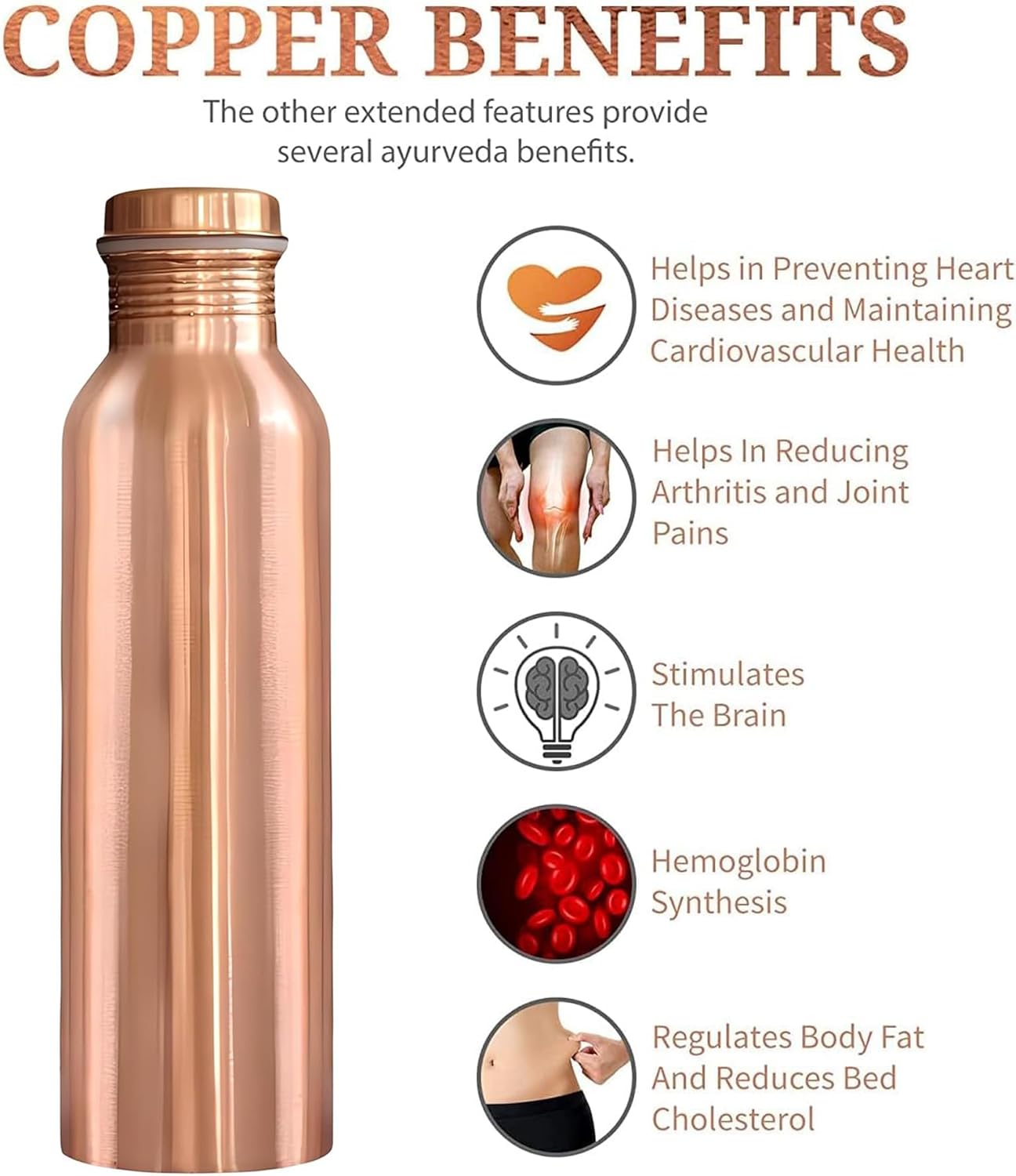 Pack of 2 Ayurvedic Pure Copper Drinking Water Bottle Leak Proof 32 OZ/950 M Boosts Immunity for Sports, Yoga, Travel & Daily Use