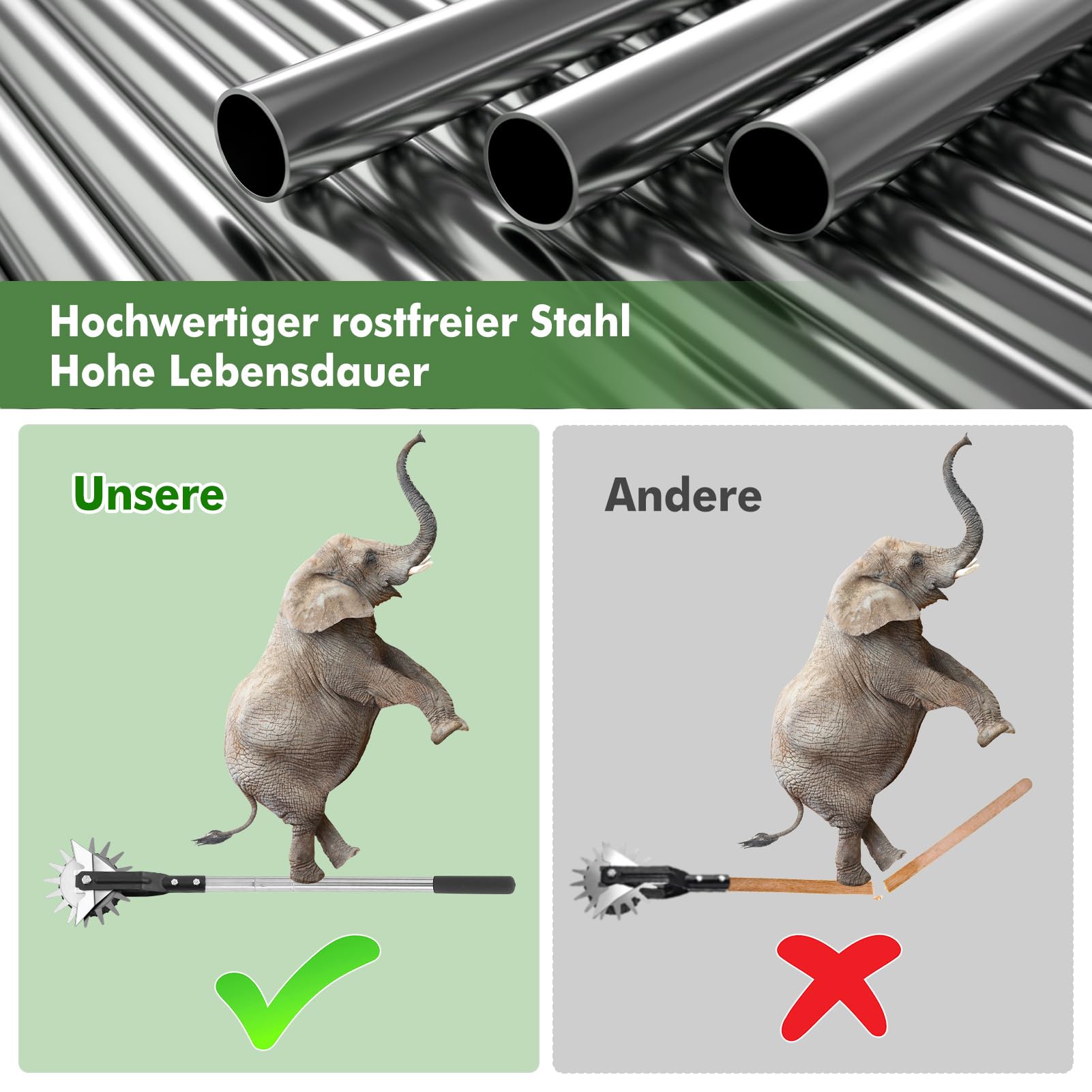 HAUSPROFI Rasenkantenschneider mit Verbesserter Stiel und Schleifmesser, [2026 Version] Kantenschneider Rasen auf Rollen - Rasenkantenroller Einstellbar, 3-Teiliger Edelstahlgriff (97,5/135/172cm)