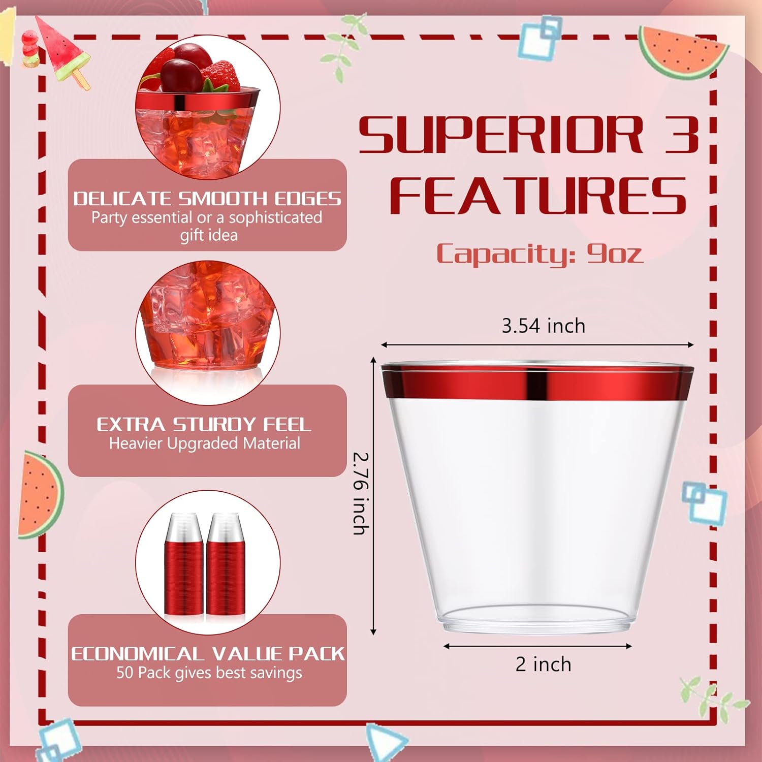 Norme 50 Pcs Plastic Cups 9 oz Rimmed Plastic Cups Heavy Duty Wine Glasses Cocktail Glasses Drinking Tumblers for Valentine's Day, Easter, Weddings, Birthdays Parties(Red) - Image 2