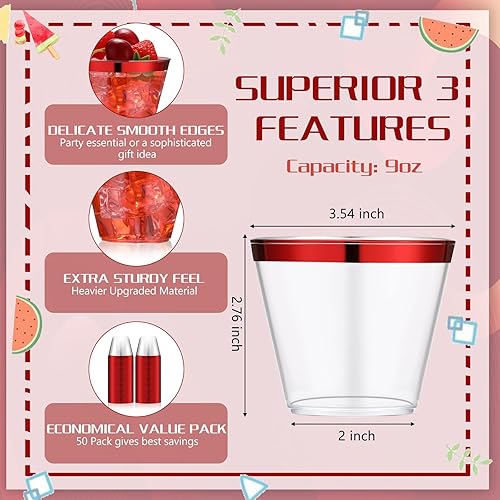 Miniatura 8 de Norme 50 vasos de plástico transparente de 9 onzas desechables con borde de plástico, vasos de vino desechables, vasos para fiestas, vasos de cóctel