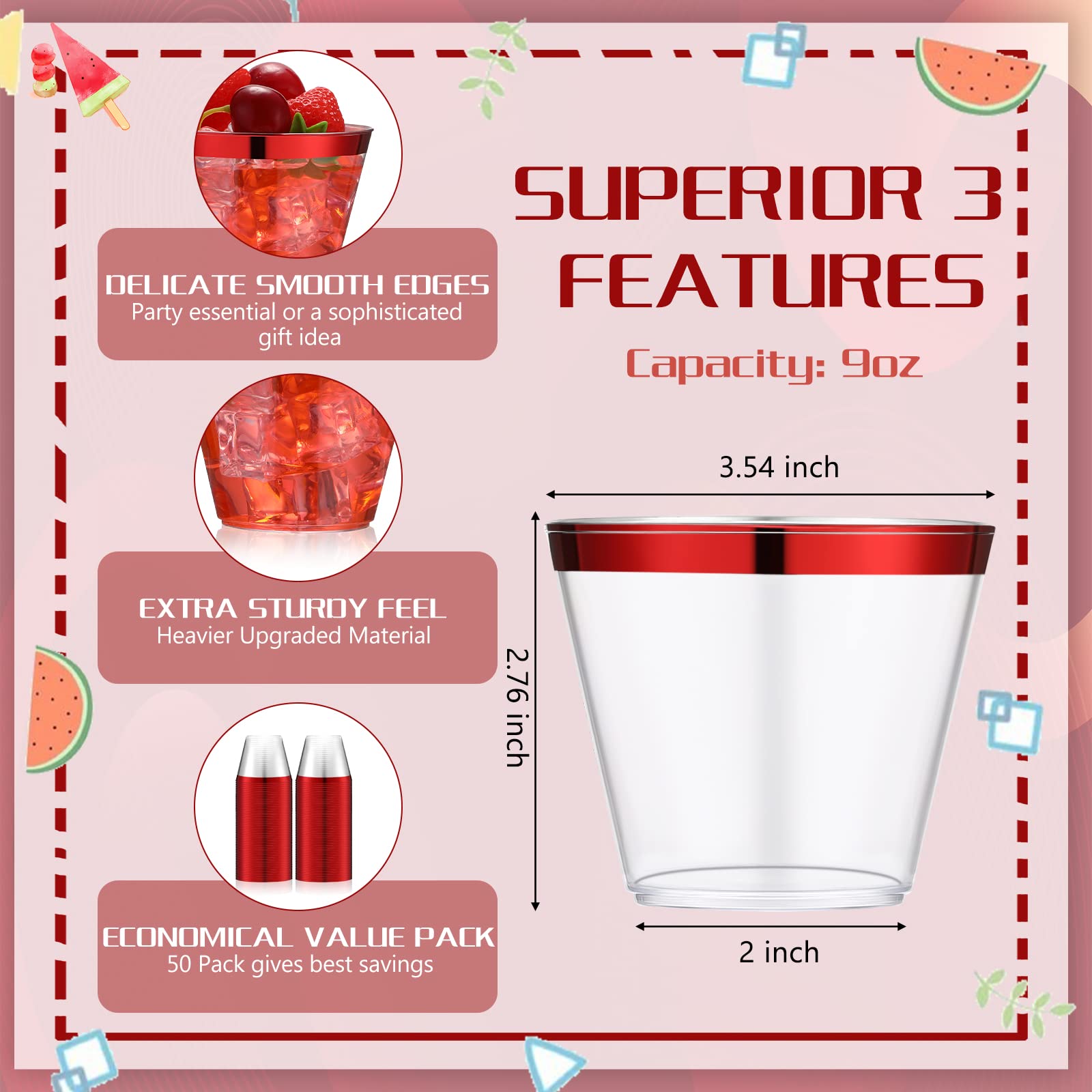 Norme 50 Pcs Plastic Cups 9 oz Rimmed Plastic Cups Heavy Duty Disposable Wine Glasses Drinking Tumblers for Wedding Graduation Holiday Birthday Christmas Valentine's Day Easter Party(Red)