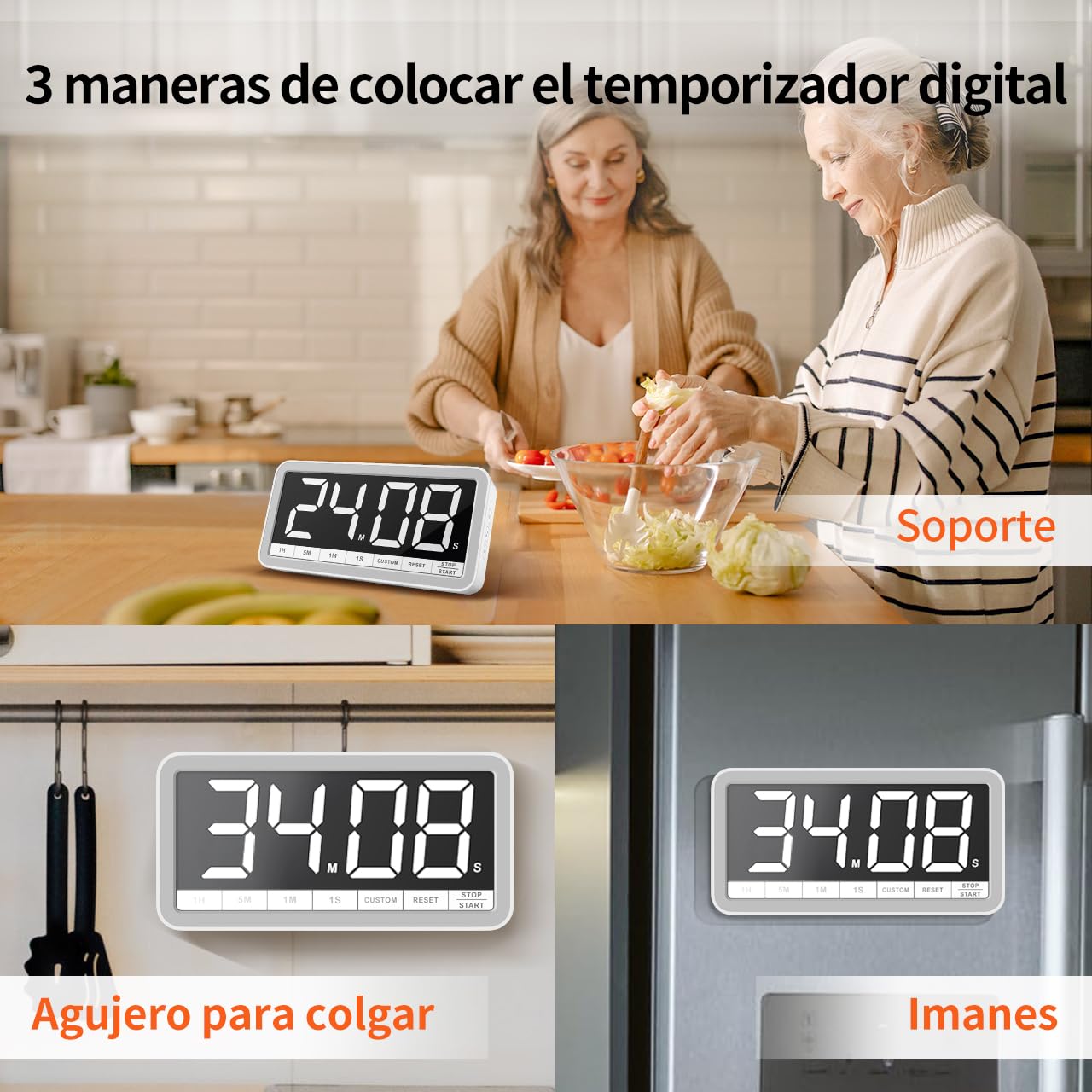 VOCOO Temporizador de Cocina Digital: Temporizador de Cuenta Regresiva magnética Extra Grande con 3 Brillo, 4 alarmas y 3 Niveles de Volumen, Temporizador de batería LED para cocinar (Blanco)