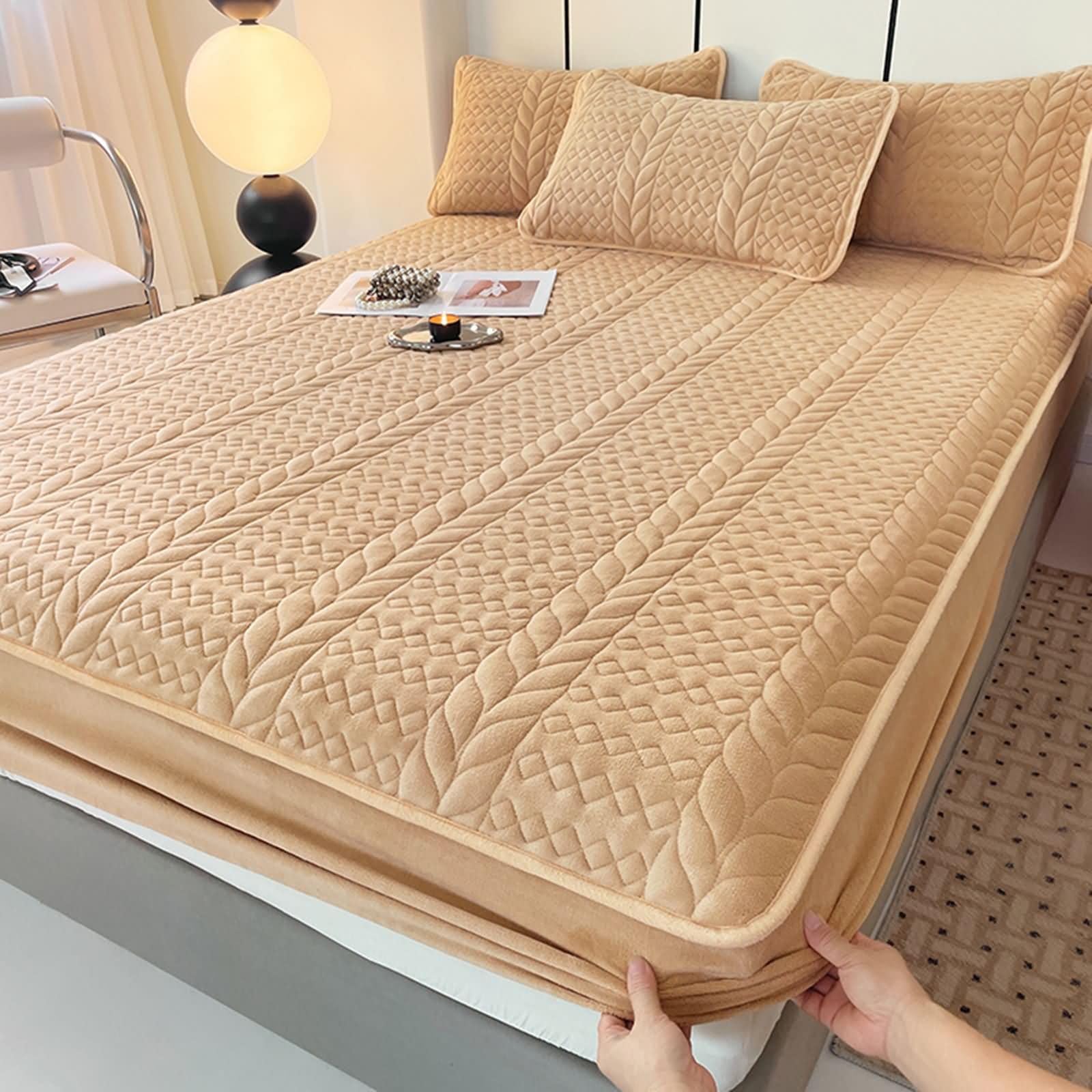 Lenzuola Matrimoniale con Angoli Elasticizzato, Lenzuolo Letto e 2 Federe Velluto Tinta Unita Rombo Grano Strutturato Lenzuola Sopra Invernali, 150x200x25 CM, Marrone Chiaro