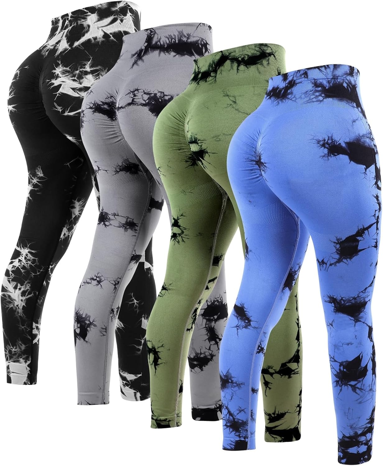 4 Pcs Womens Workout Leggings Tie Dye High Waisted Yoga Pants Seamless Scrunch Butt Lifting Compression Tights