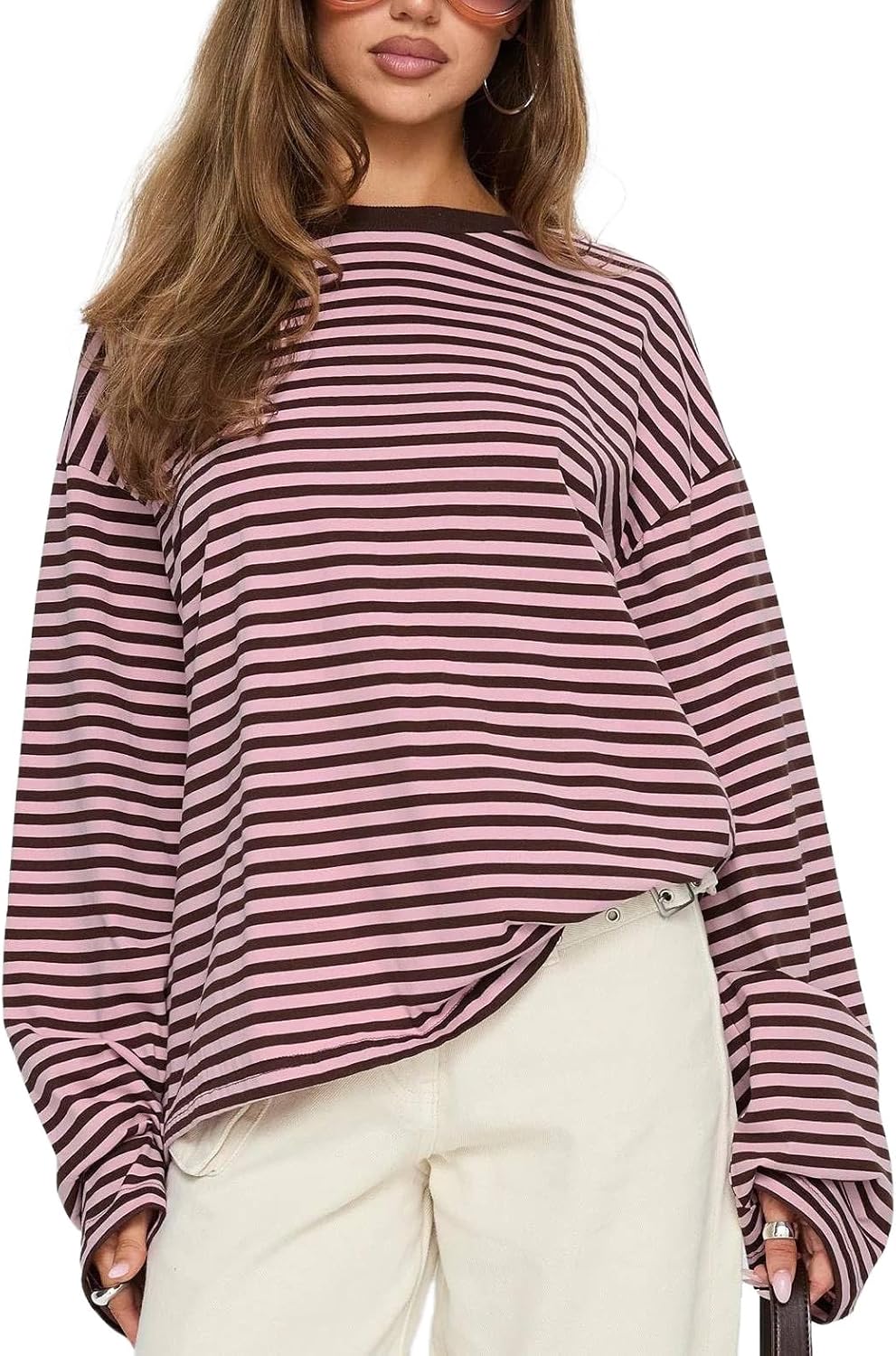Amiblvowa Women Striped Long Sleeve Top Oversized Graphic Y2k Loose T Shirts Teen Girl Crewneck Baggy Tees Pullover