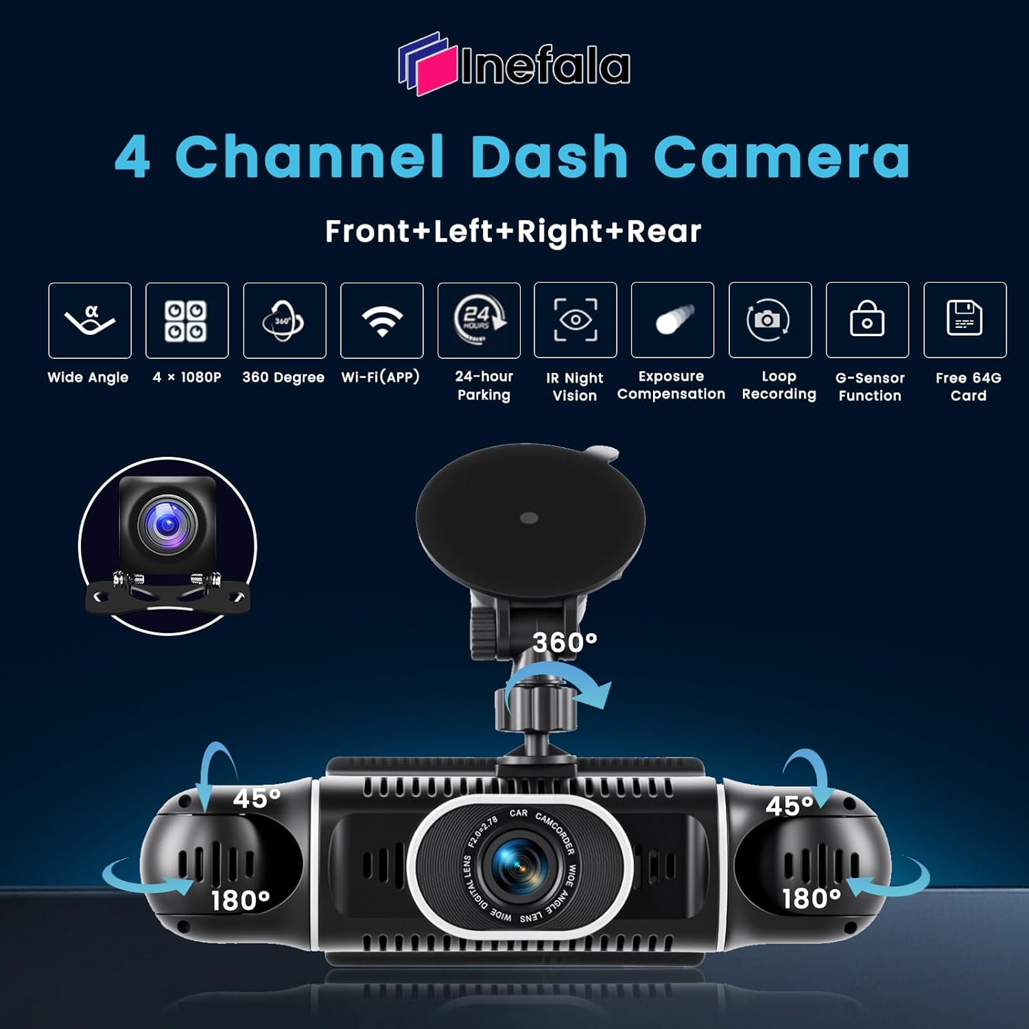 360° Dash Cam Front/Rear/Inside/Side 4-Channel Dash Camera FHD 1080P×4 Car Dash Cam with WiFi, APP Control, 64GB SD Card Included, 8 IR Night Vision, Loop Recording, G-Sensor, 24/7 Parking Mode