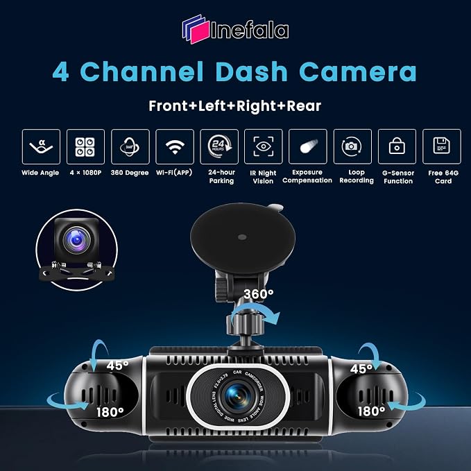 Cámara para carro 4 canales 1080p con WiFi y visión nocturna miniatura 2