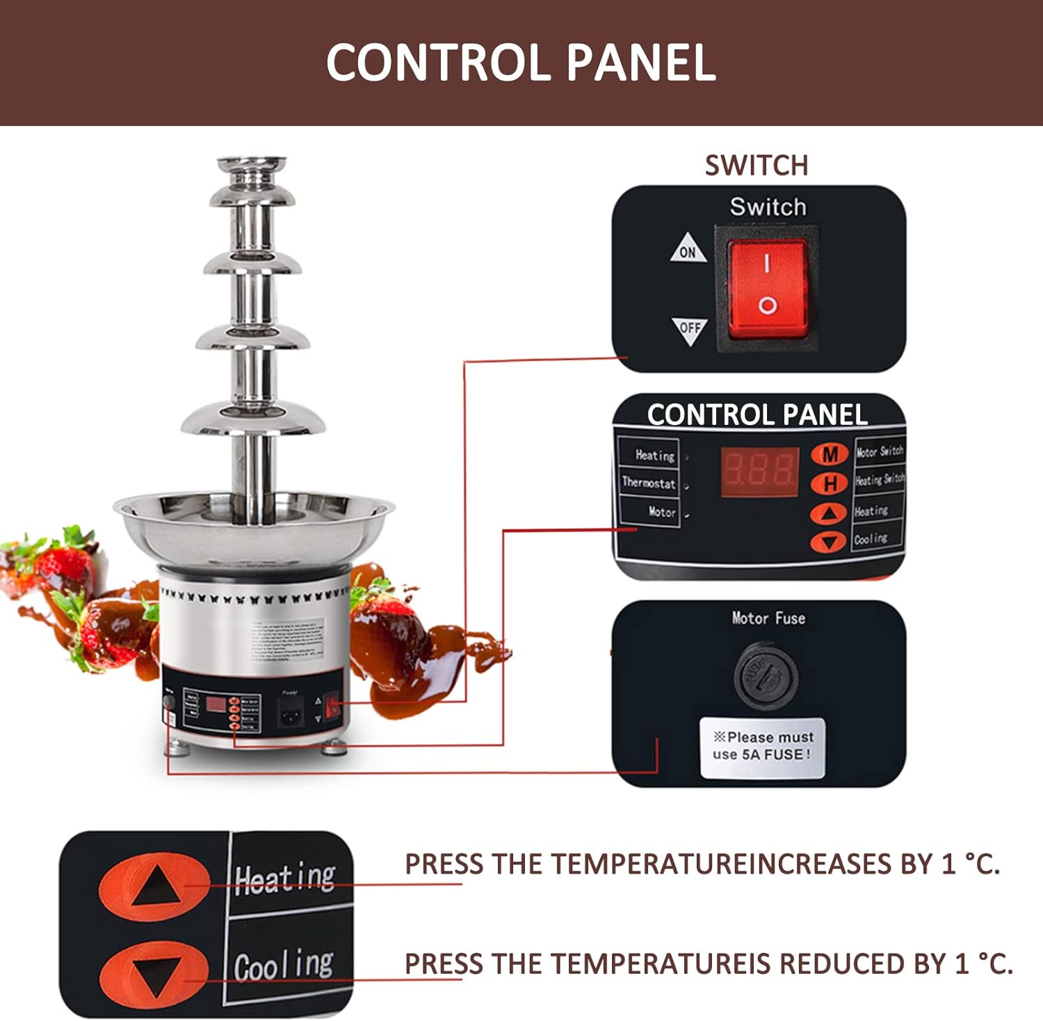 AIZYR Chocolate Fondue Waterfall Machine - Automatic Chocolate Melter Warmer for Party Wedding Birthday Christmas (Works 12Hours Continuously),5 Tier,110V