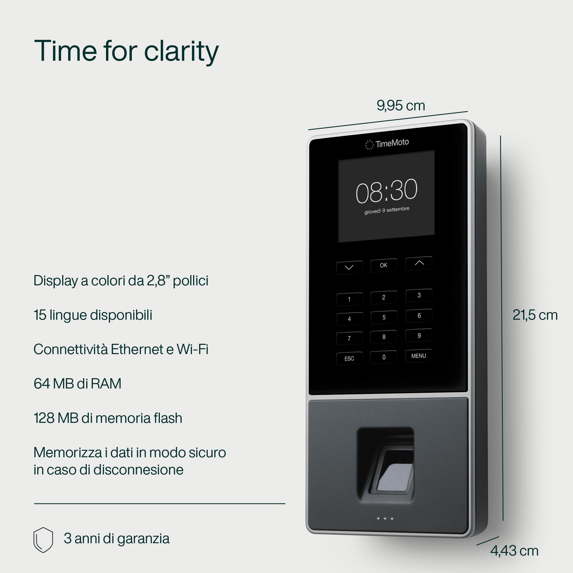 TimeMoto TM—626 Rilevatore di presenza basato su cloud con sensore di impronte digitali, abbinato a Badge RFID/Portachiavi e PIN, fino a 200 utenti, timbratura, report delle ore lavorate, Wi-Fi