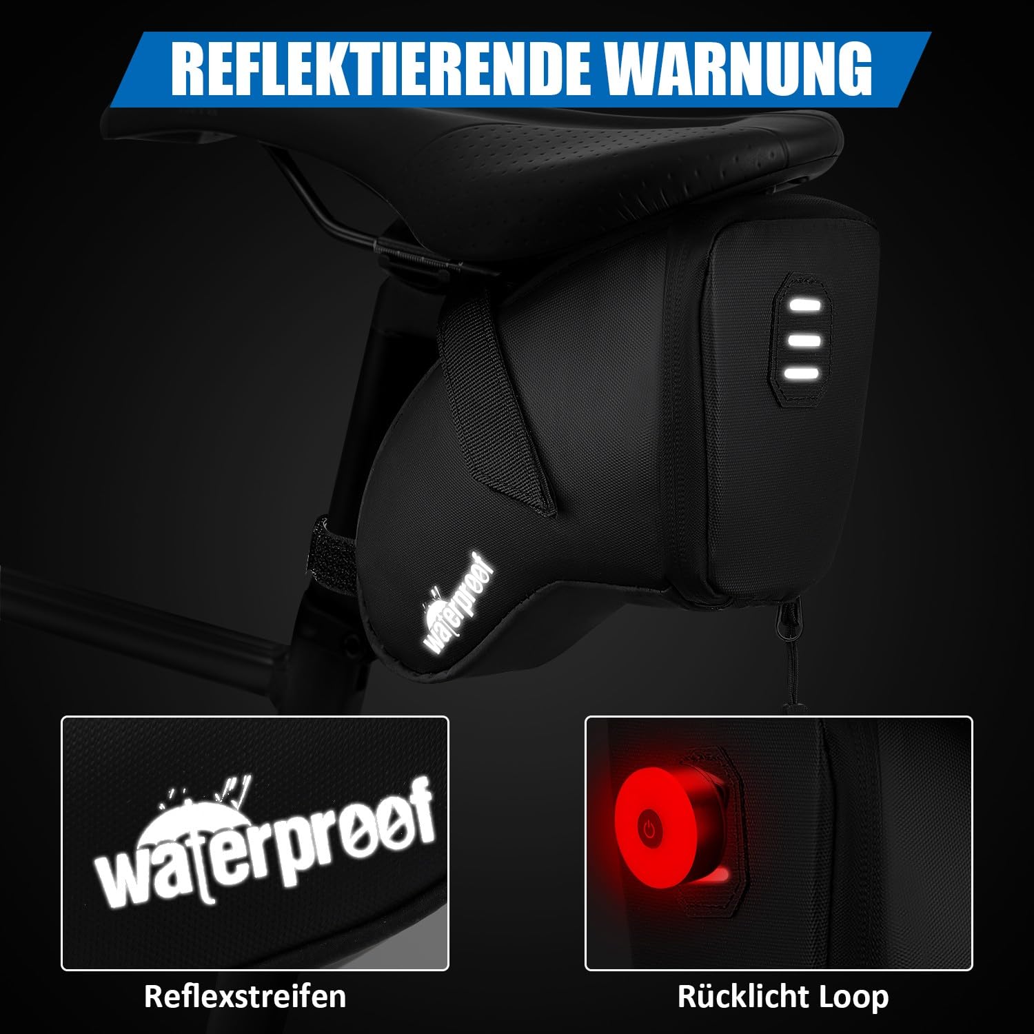 WOTOW Fahrrad Satteltasche - wasserdichte Satteltasche Rennrad klein, Fahrradtasche Sattel mit wasserdichtem Reißverschluss und Rücklichthaken für Outdoor MTB Rennrad, etc Lagerung(1,5 L)