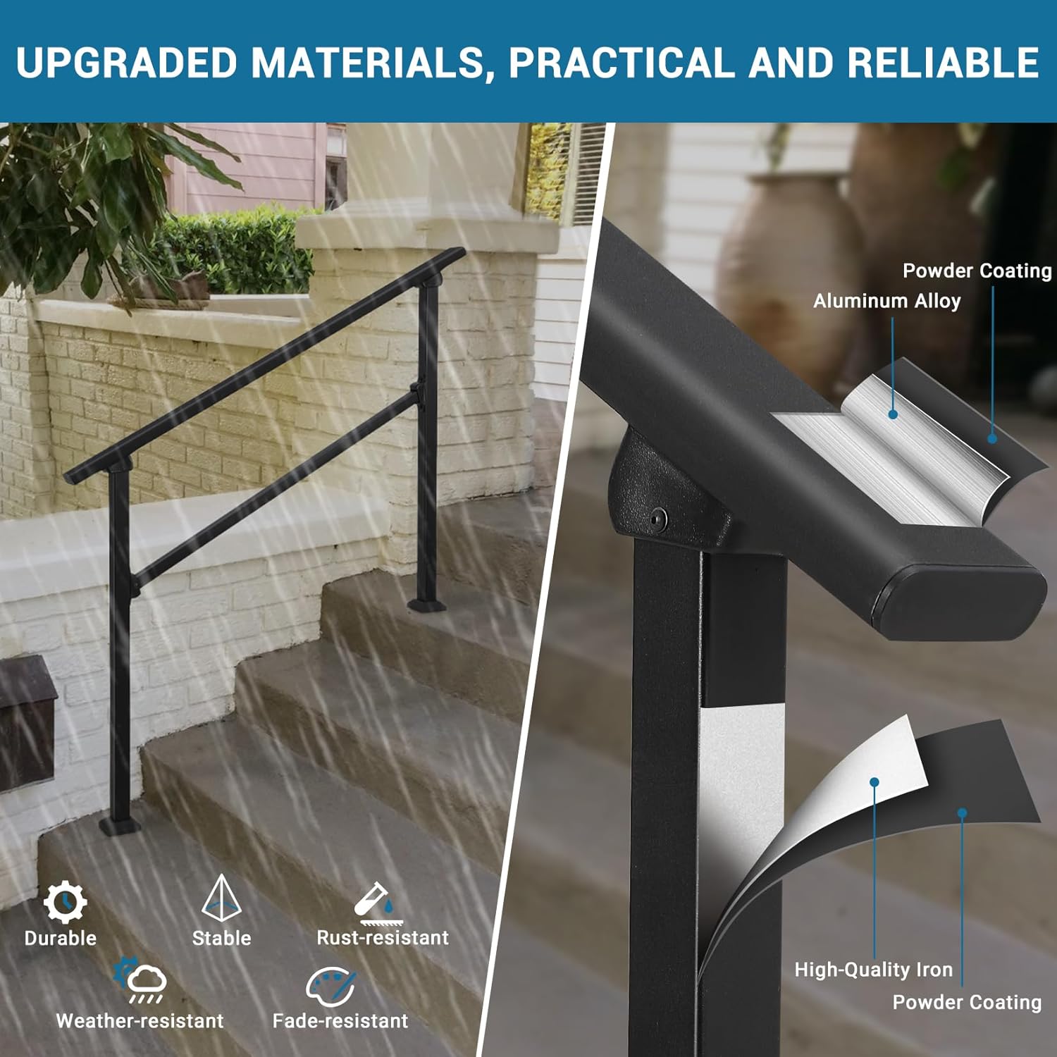 3 Step Handrails for Outdoor Steps, Adjustable Handrails Outdoor, Porch Han drails for Stairs Fit 2-3 Steps, Metal Porch Railing, Black kit, Upgrade Aluminium