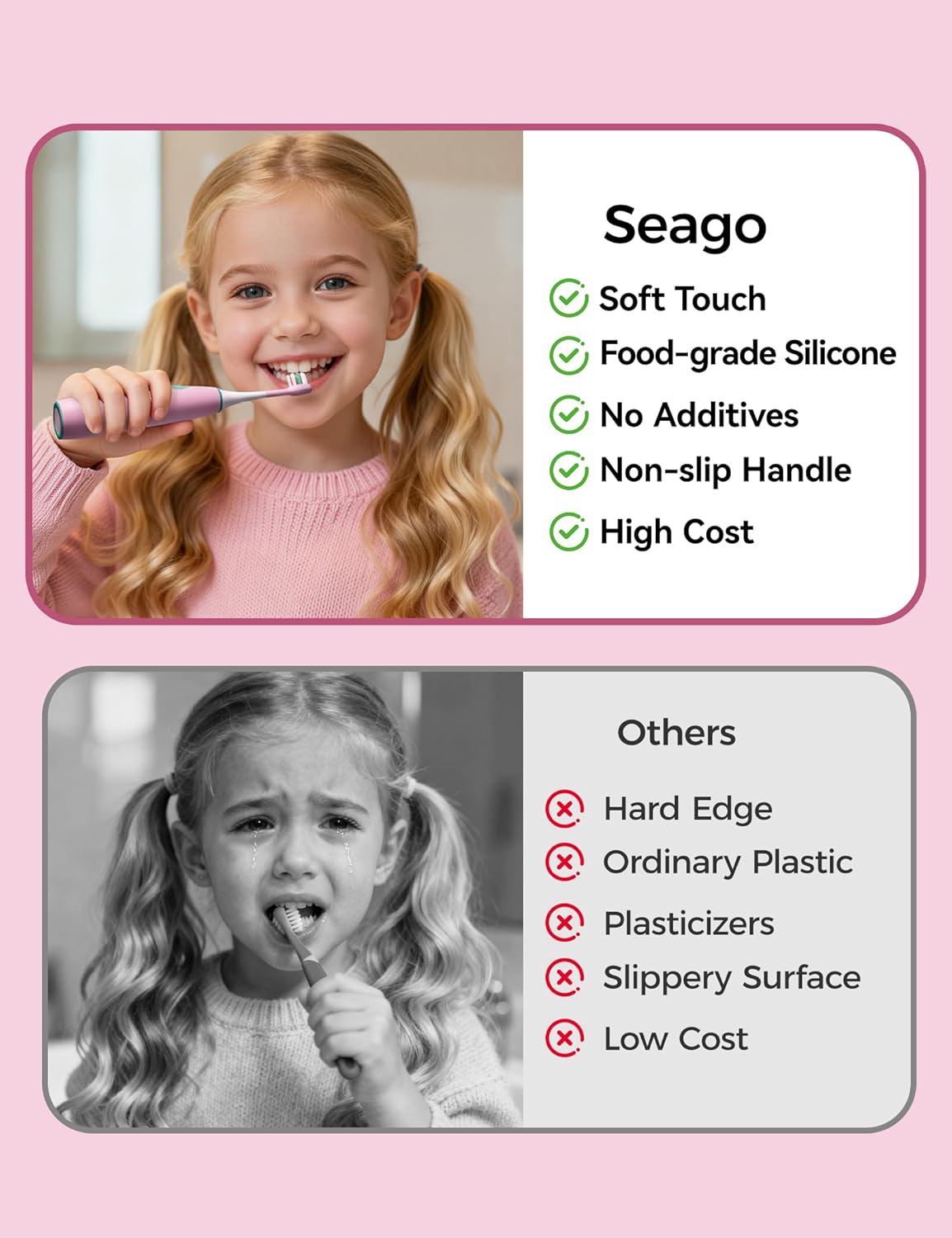 SEAGO Kids Electric Toothbrushes for Ages 5-8 with 2 Sizes Soft Brush Heads, Soft Silicone Handle, 2-Min Timer, IPX7 Waterproof, 35000VPM, Rechargeable 70 Day Battery Life with Charging Base (Pink)