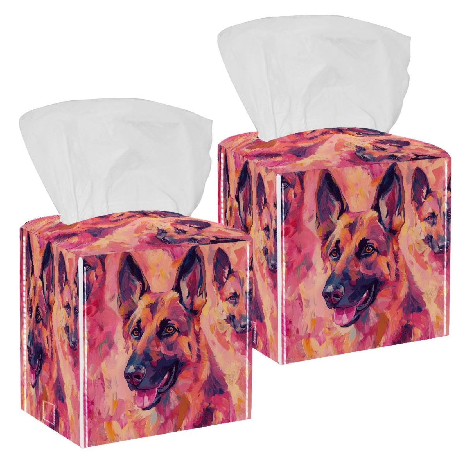 Cool Dog Tissue Box Cover, 2 Pack PU Leather Square Facial Tissue Dispenser Box holder for Home Office Car