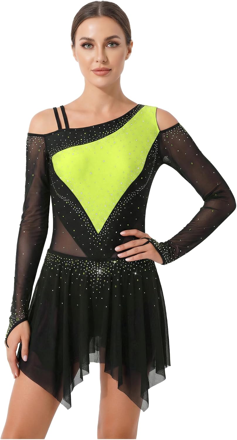 Jan Jean Womens Shiny Rhinestones Figure Skating Dress Color Block Irregular Tiered Mesh Skirt for Daily Training