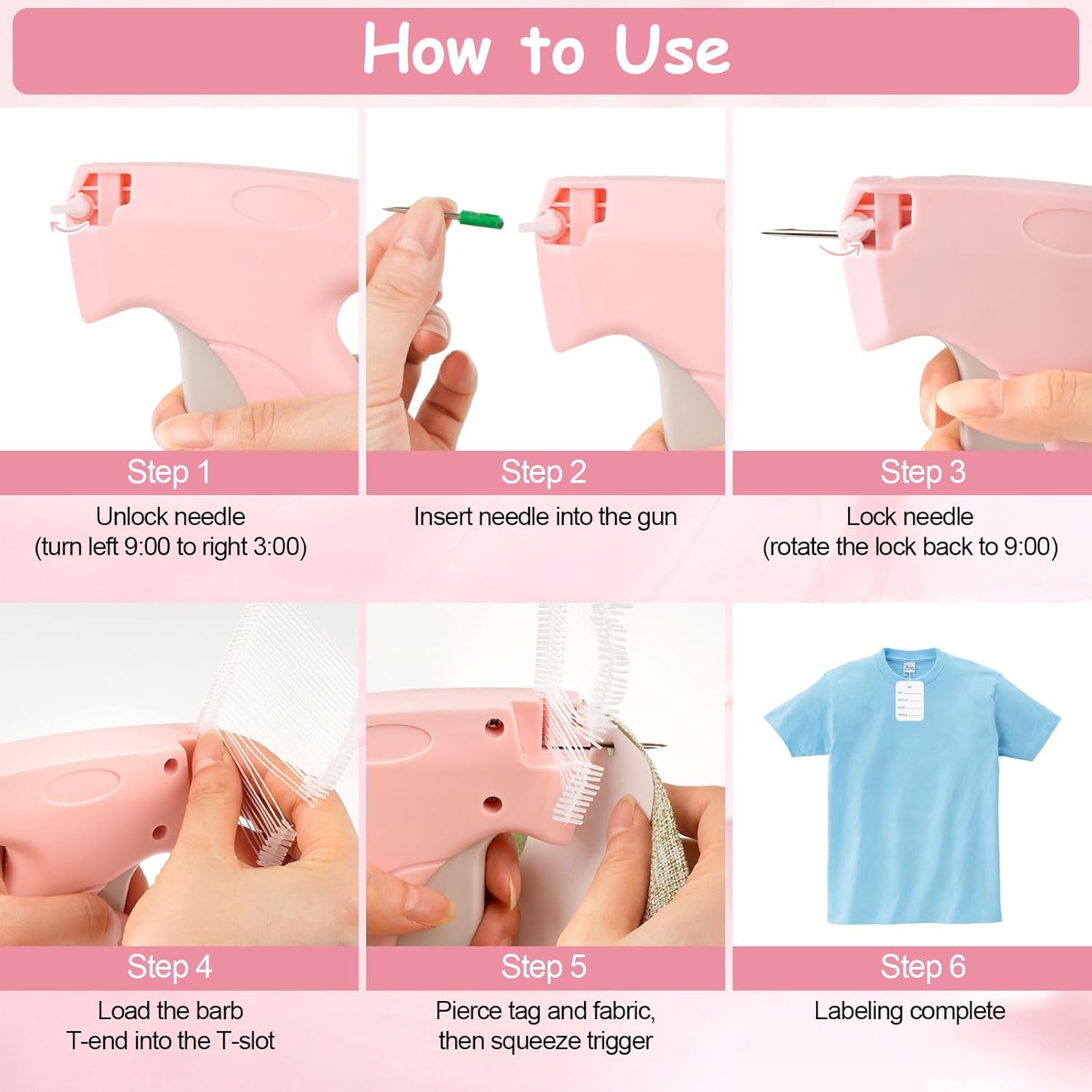 BEVTEE Price Tagging Guns for Clothes (Not Stitch Gun), Retail Price Tag Attacher Guns for Clothing, Includes 5 Needles, 1120 Barbs Fasteners-0.98'' and 1.96'', 50Pcs Price Tags, 1 Hard EVA Bag(Pink) - Image 4