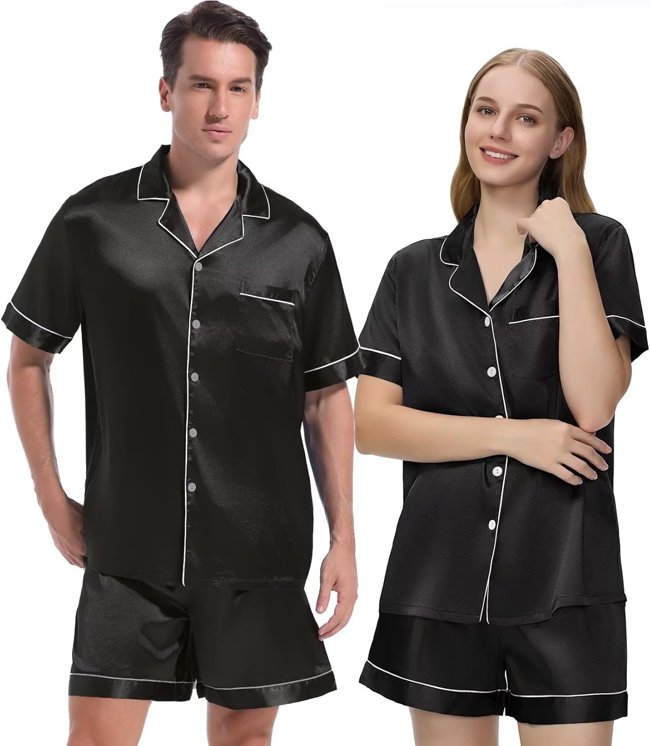 Couple Pajamas Set Satin Short Sleeve Sleepwear 2 Pcs Button Down Pjs Loungewear