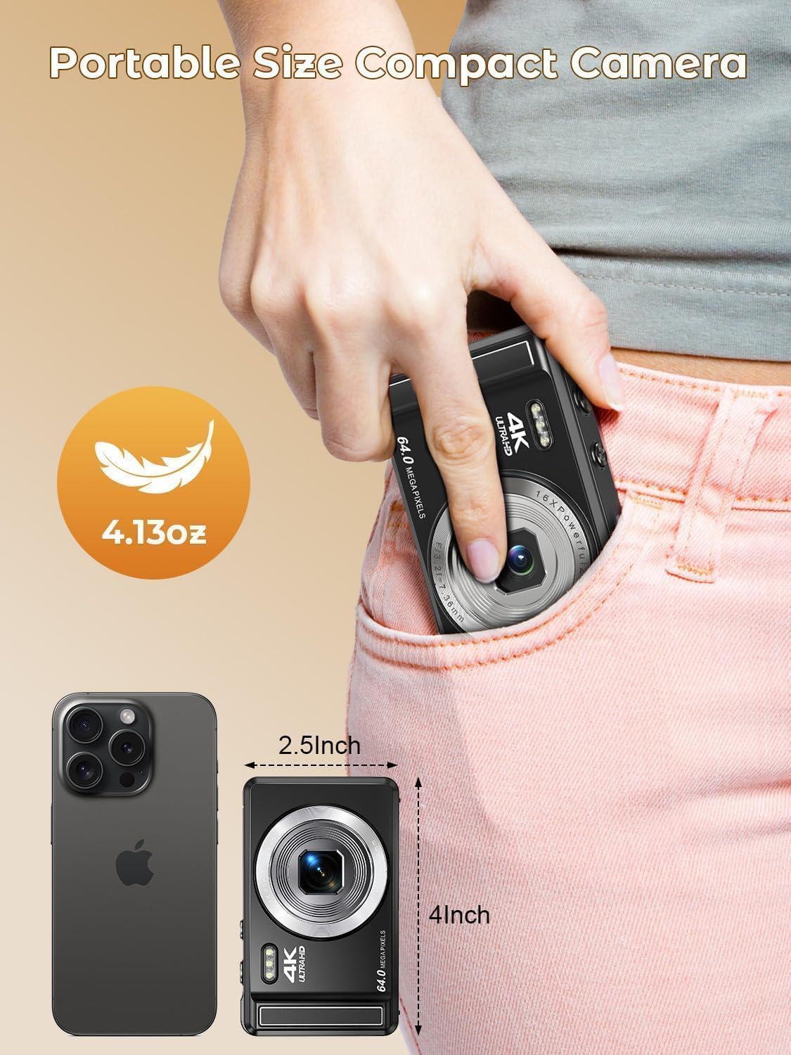 Fotocamera digitale 4K 64 MP, 2,8 pollici, UHD con messa a fuoco automatica | Scheda Micro SD e batteria, zoom digitale 16X, ricaricabile, fotocamere compatte portatili, per principianti e adolescenti