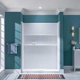WOODBRIDGE 60"W × 32"D Shower Combo Kit with Glue-Up Shower Wall Panels and Center Drain Shower Base in White with Brushed Nickel Drain Cover