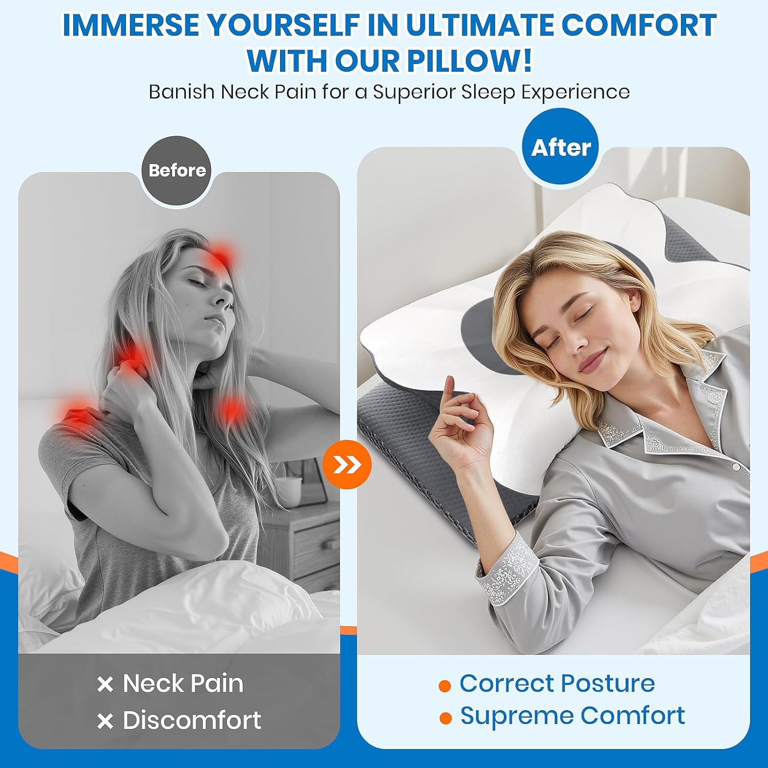 Cervical Neck Pillow for Sleeping, Memory Foam Side Sleeper Pillow, Ergonomic Pillows for Neck Pain Relief, Shoulder Support Pillows for Side Back Stomach Sleepers (Gray, Queen Size)