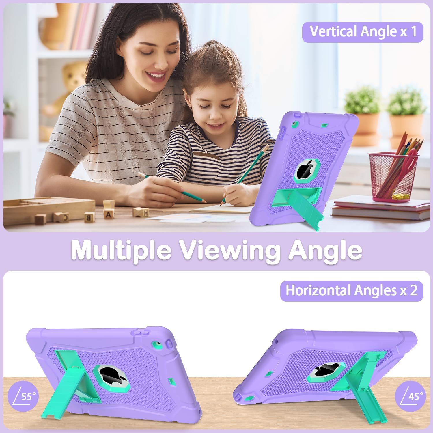 AVAWO Case for iPad 9th/8th/7th Generation(10.2 inch, 2021/2020/2019), Heavy Duty Military Grade Shockproof Protective Cover with Built-in Stand for i Pad 9/8/7 Gen, Purple+Teal