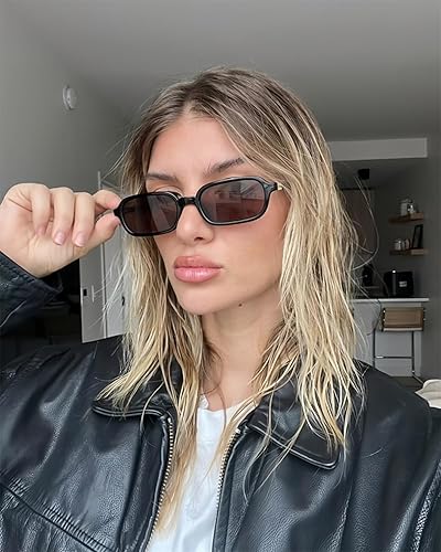 Vista 2 de Lentes de sol retro para mujeres y hombres, lentes de sol rectangulares pequeños de los años 90, vintage, lindos, estrechos y modernos