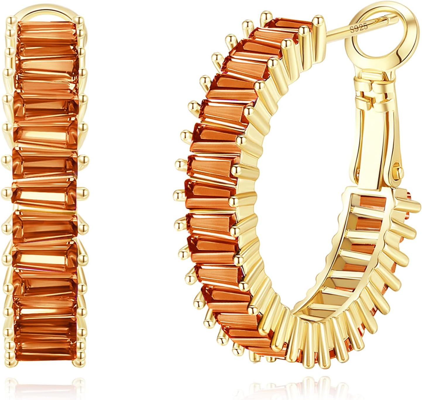 Trendy 14K Gold Plated Hoop Earrings for Women, Chunky Gold/Silver Earrings for Women Cubic Zirconia Baguette Hoop Earrings Heart Hoops Lightweight Hypoallergenic Jewelry,25mm/35mm/40mm/50mm