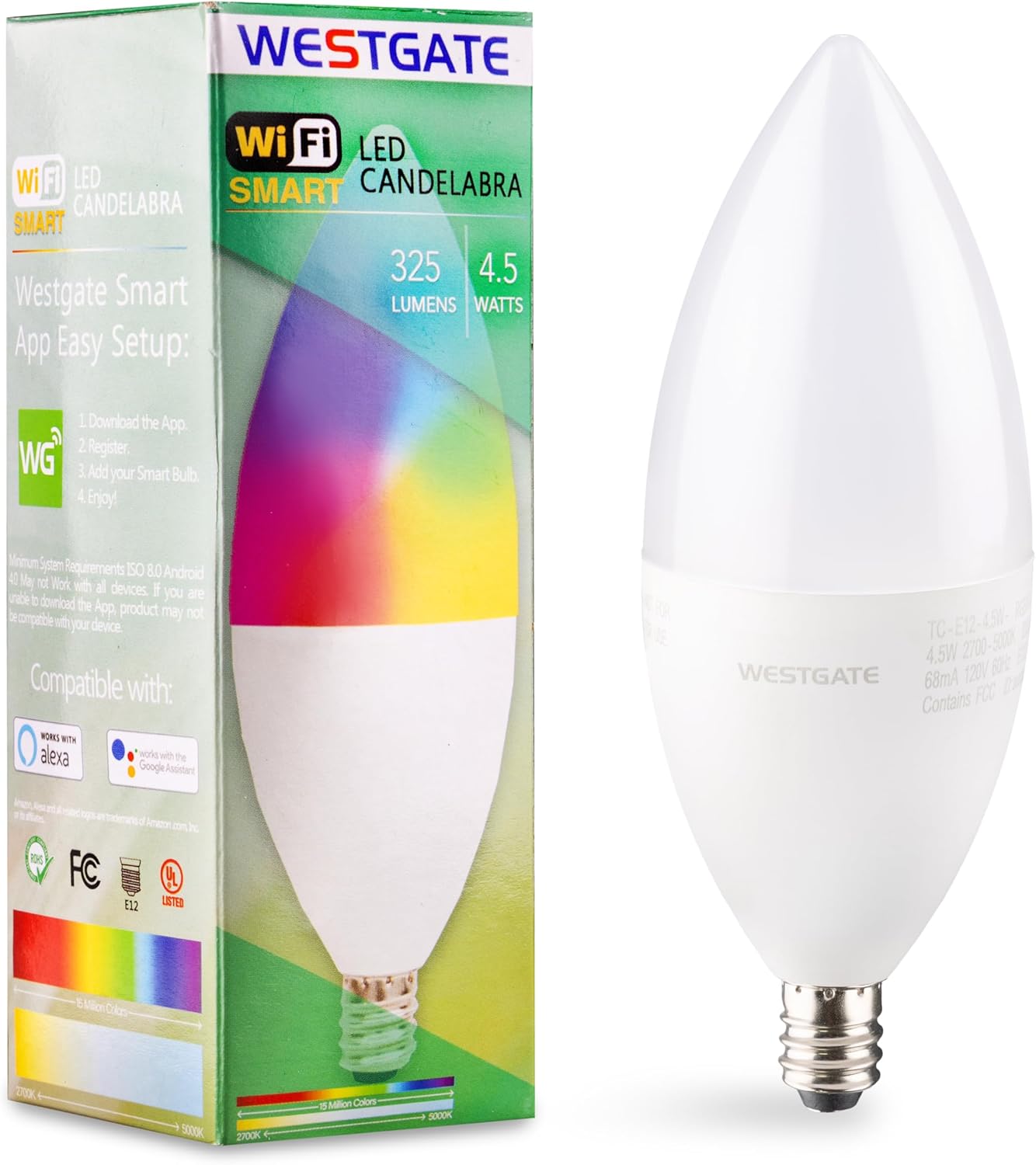 Westgate TC-E12-4.5W-RGBW-WiFi LED Light Bulbs, E12 Base, Color Changing, 25000 Hour Lifespan, Smart Home Compatible with Alexa and Google, Dimmable, 5 Year Warranty (4.5 Watt)