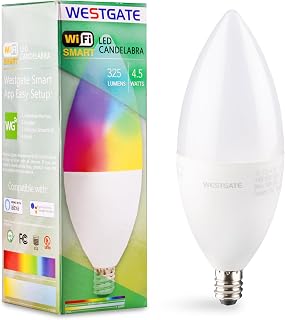Westgate TC-E12-4.5W-RGBW-WiFi LED Light Bulbs, E12 Base, Color Changing, 25000 Hour Lifespan, Smart Home Compatible with Alexa and Google, Dimmable, 5 Year Warranty (4.5 Watt)