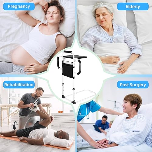 Miniatura 8 de Rieles de cama para adultos mayores, altura ajustable plegable de 90 para personas mayores con mesa plegable y luz sensora, 3 asas con bolsillo de