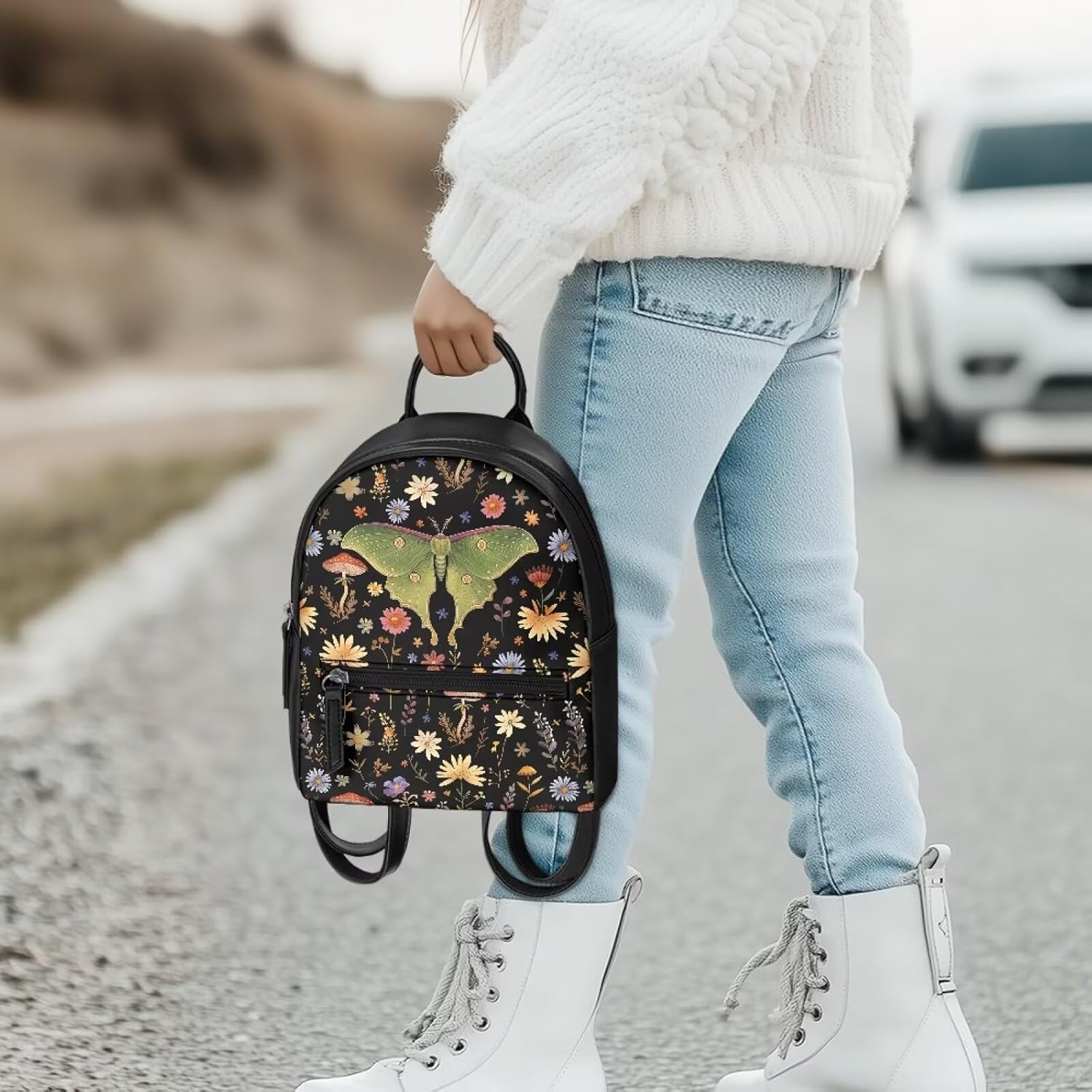 Moth Backpack for Women PU Leather Shoulder Bag Fashion Mini Backpack Purse College Daypack Shopping Hiking Rucksack Casual Tote Handbags for Shopping Dating Travel Gifts