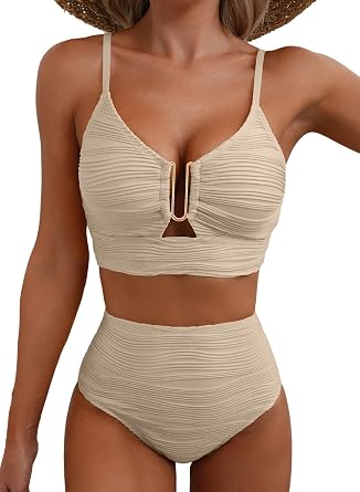 Herseas Women High Waisted U Wired Texured 2 Piece Bikini Sets | Two Piece Adjustable Straps Bathing Suits, Cutout High Rise Swim Suit, Beach Vacation Swimsuits, Pool Party