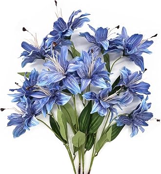 Fake Lily Flower Stargazer Lily Artificial Flowers Decoration, Long Stems Vintage Real Touch Faux Silk Lilies Bouquet for Spring Indoor Home Office Wedding Party Centerpiece Arrangement - Blue 4 Pack