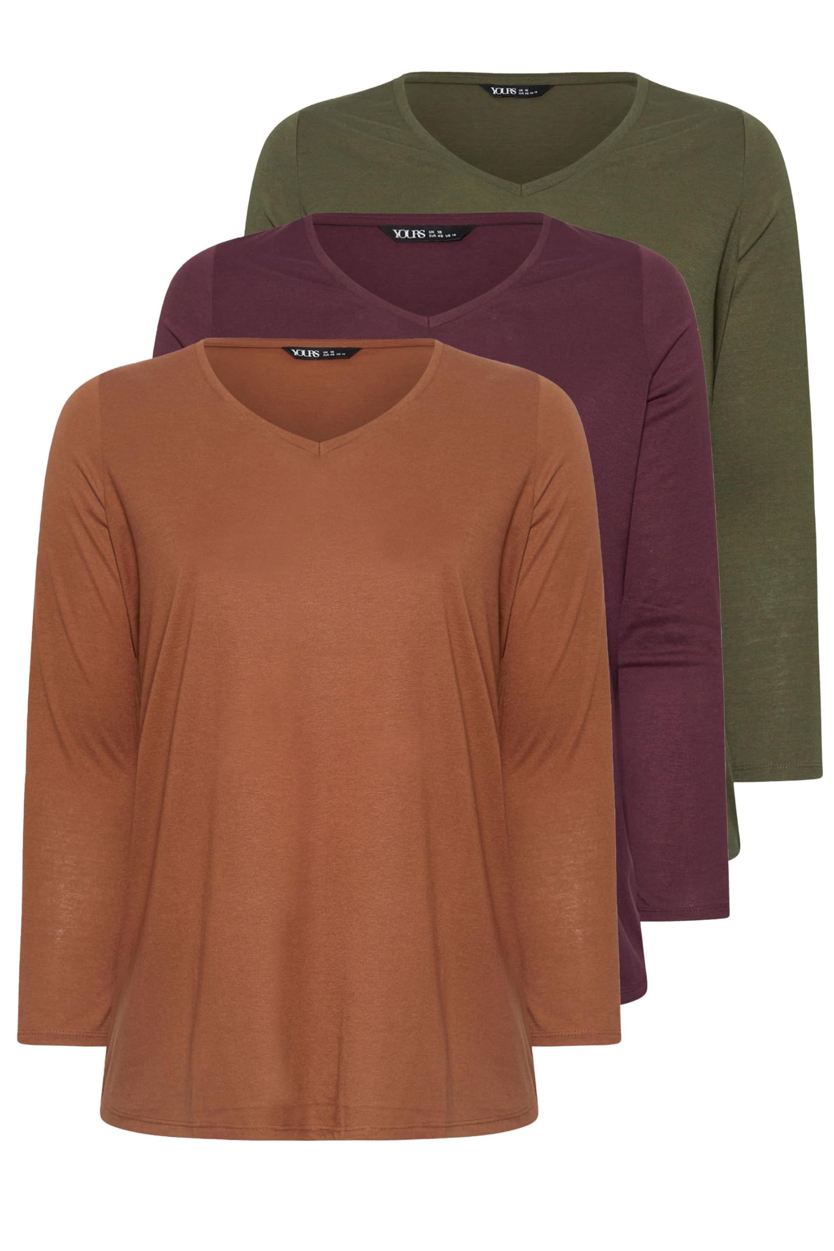 Yours Women's Brown 3 Pack V-Neck T-Shirts In | Size: 26/28