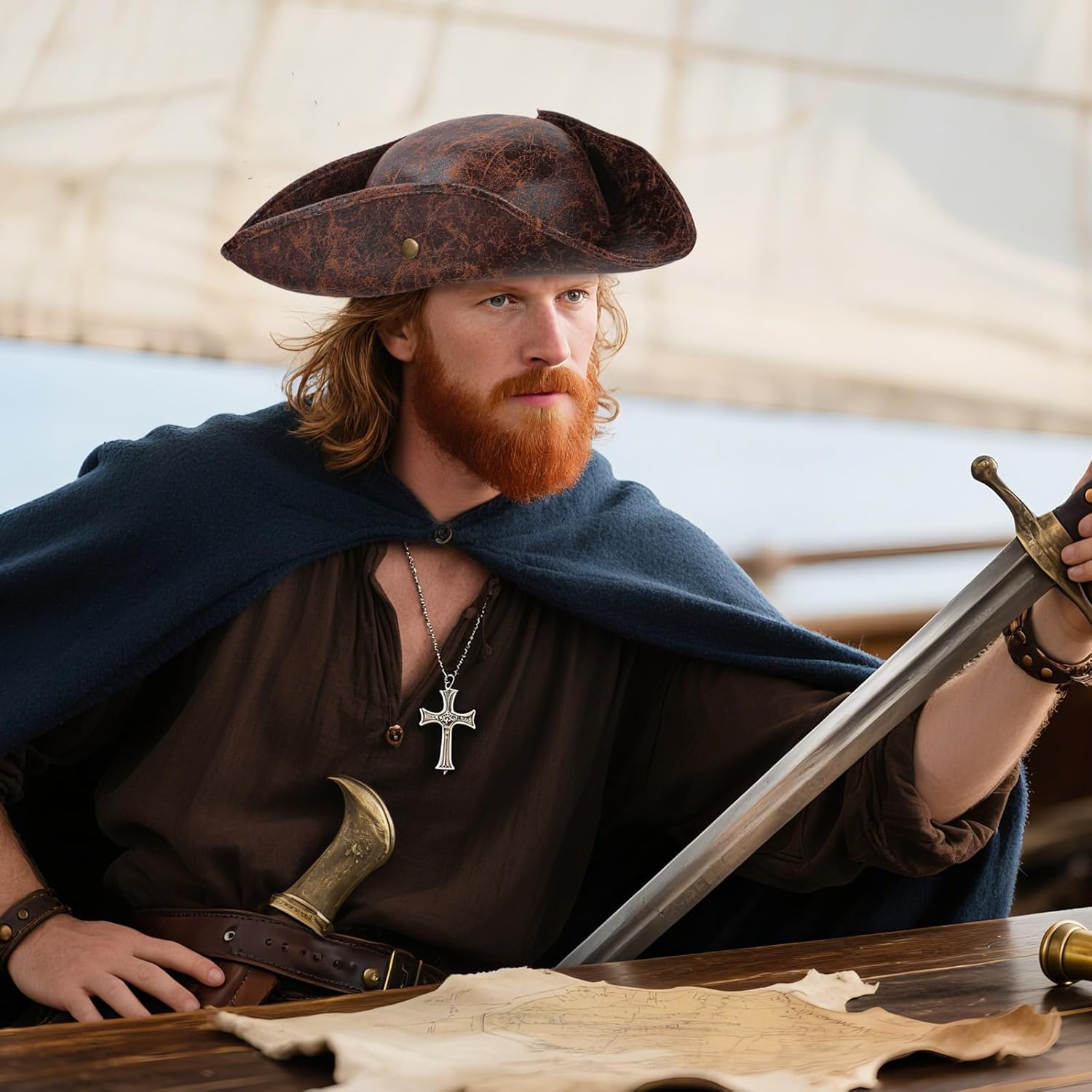 Kuberas Pirate Hat for Women Men Tricorn Hat Faux Leather Pirate Costume Hat Halloween Cosplay Costume Accessory for Adults - Image 4