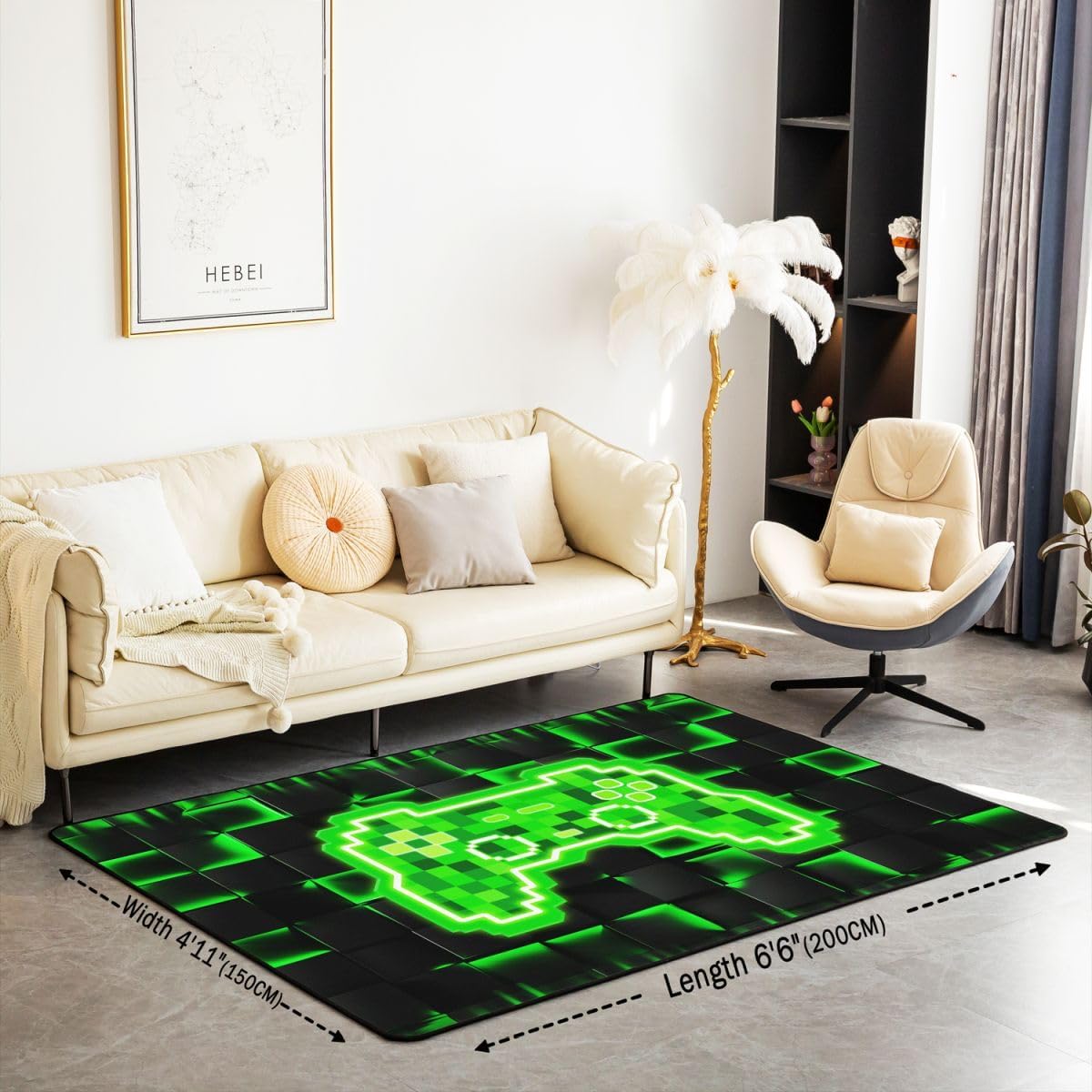 Boy Gamepad Area Rugs,Neon Geometric Checkered Non Slip Carpet Pixelated Video Games Indoor Floor Mat Entrance Rug,Black Green Gaming Home Living Room Bedroom Decor,3'x5'