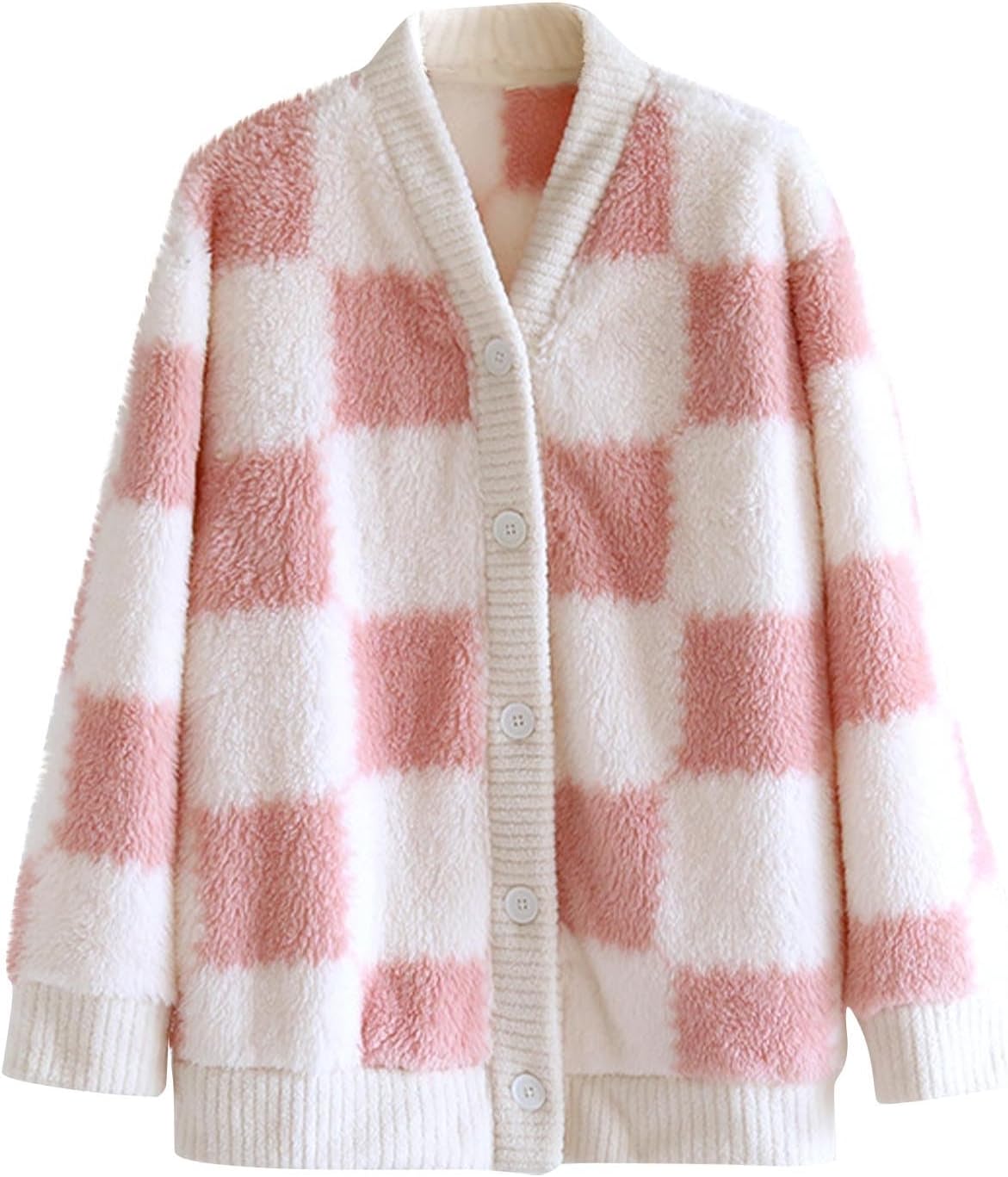 Women Fluffy Pajama Tops Plush Button Down Sleepwear Fuzzy Fleece Jacket Long Sleeve Warm Winter Coat with Pockets