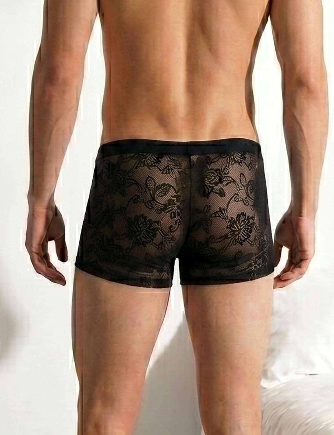 Mens Lace Underwear Sexy Boxer Briefs Mesh Pants Soft Bikini Breathable Cheeky underpants Bulge Pouch for Men