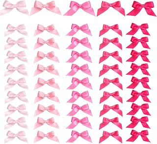 50 Pcs Satin Ribbon Bows with Double-Sided Tape, Self Adhesive Bows for Gift Wrapping, Party Decor, Wedding Favors, DIY Crafts (Pearl Pink+Pink+Hot Pink+Camellia Rose+Virtual Pink)
