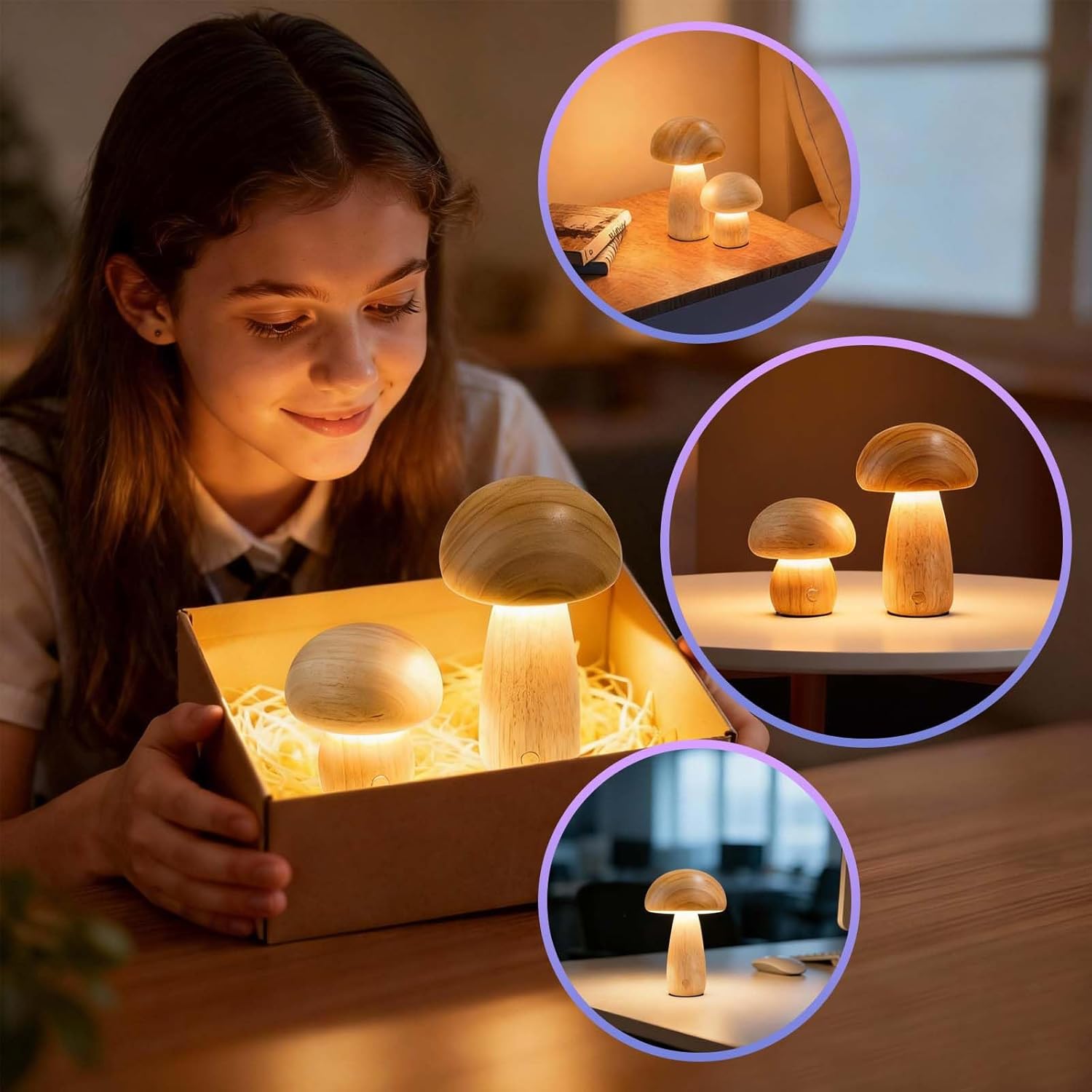 Mushroom Night Lights Rechargeable, Cordless Wooden Mushroom Table Lamps, Portable Desk Lamps for Bedroom, Studyroom, Living Room, Office, Birthday Gifts