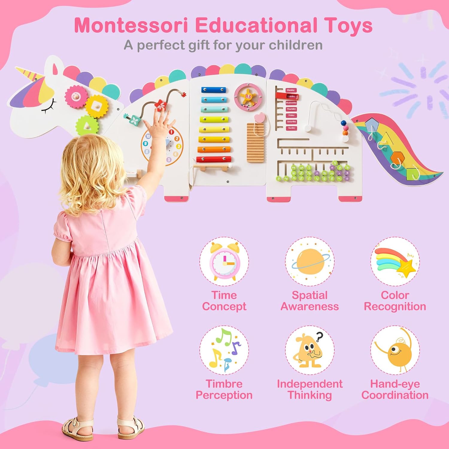 HONEY JOY Unicorn Activity Wall Busy Board Panels, 11-in-1 Wooden Sensory Wall Panel for Kids, Toddler Learning Activity Center, Ideal for Playroom Daycare Nursery Classroom Dentist Office (White)