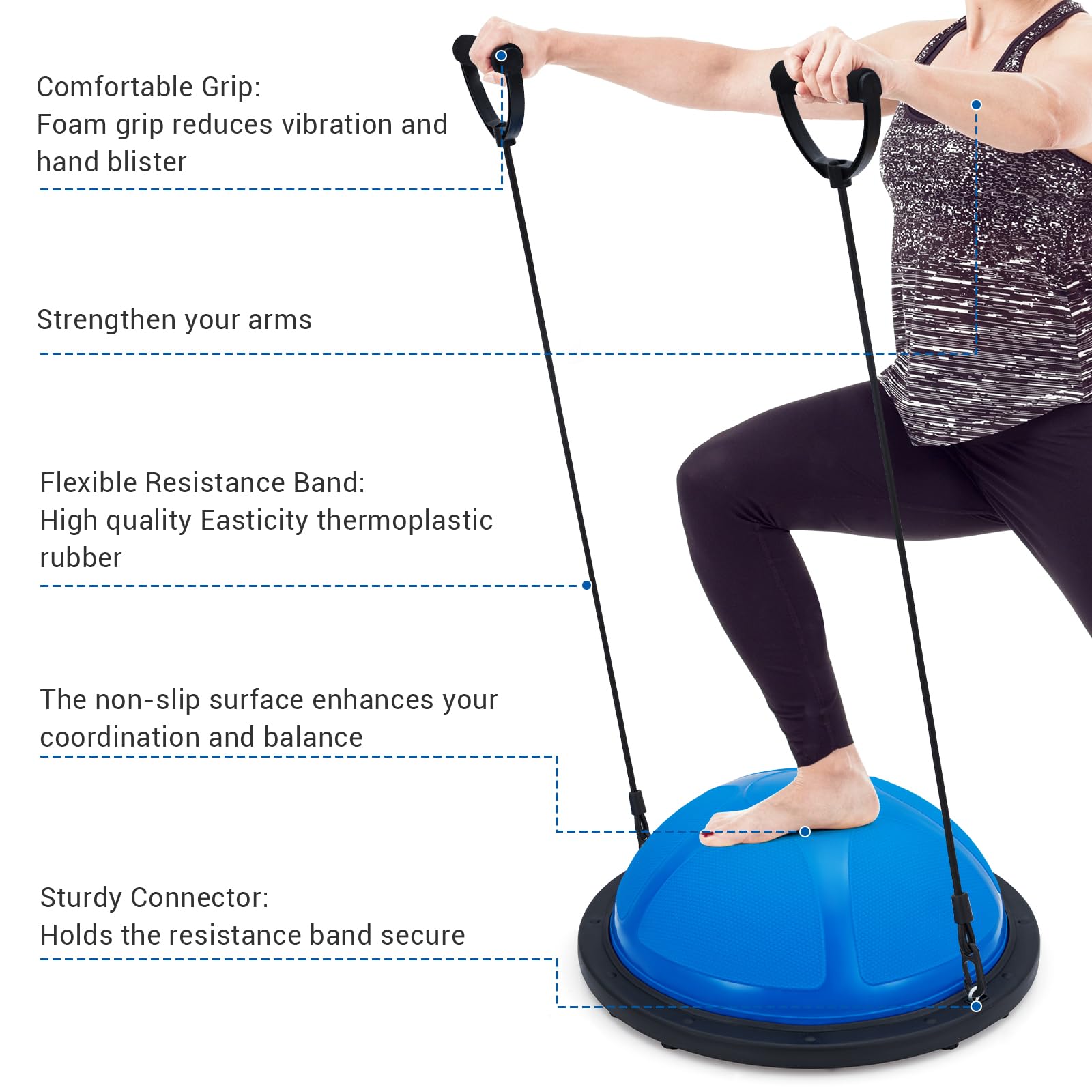GAOMON Balance Ball, 725.7 kg aufblasbarer halber Gymnastikball, Balance-Trainer mit rutschfester Basis, halber Yoga-Ball, Krafttrainingsgerät mit Widerstandsbändern und Fußpumpe, Blau